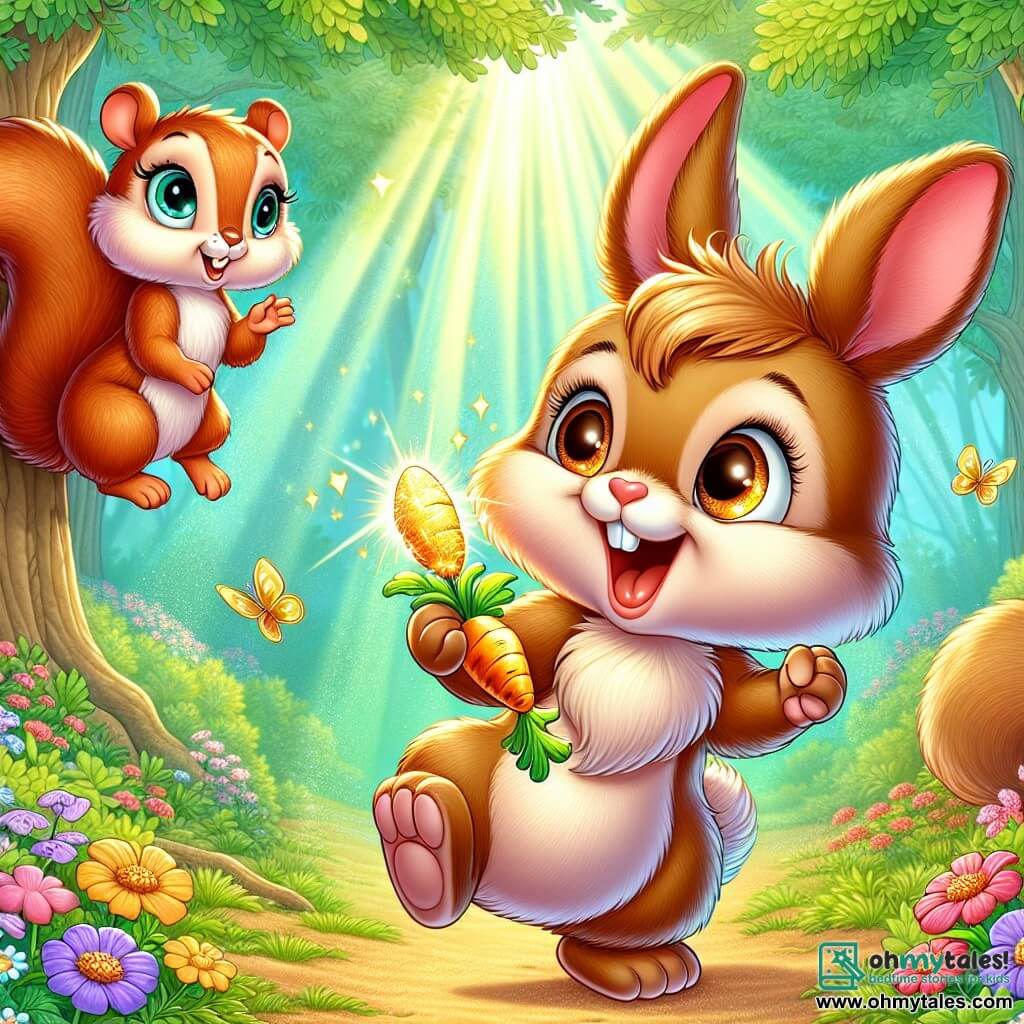 In the center of the image, a small rabbit named Benny, with soft caramel-colored fur, large upright ears, and sparkling curious eyes, stands on his hind legs, a bright smile on his face. He holds a magnificent golden carrot that shines in the sun, symbolizing his victory. Next to him, Tilly, a small squirrel with reddish fur and bright eyes, is perched on a tree branch, bouncing with excitement. Her face is lit up with a wide smile as she claps her tiny paws, sharing Benny's joy. The setting is a beautiful clearing in an enchanted garden, where colorful flowers dance in the wind and a gentle ray of sunlight filters through the leaves. Colorful butterflies flutter around, adding a touch of magic to the scene. The main situation shows Benny and Tilly celebrating their discovery of the Golden Carrot, surrounded by the garden's beauty, with expressions of joy and accomplishment on their faces, illustrating the spirit of adventure and friendship that unites them.