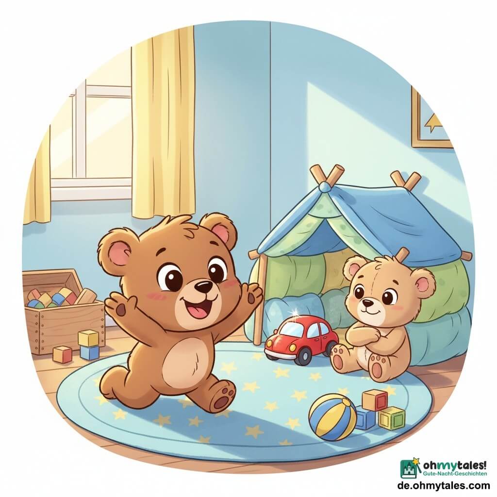 Ein kleiner brauner Teddybär als Hauptfigur mit runden glänzenden Augen, schwarzer Nase und rosigen Wangen, neugierig und glücklich, krabbelt zur Kissenhöhle und leckt vor Freude; im Inneren liegt ein glänzendes rotes Spielzeugauto mit schwarzen Rädern still wie ein gefundenes Schatz; ein beiger Teddy sitzt neben dem Auto mit weichem Fell und freundlichem Lächeln, als hätte er aufgepasst; ein blau-gelber Ball und bunte Holzbausteine liegen auf dem runden Sternenteppich, im Hintergrund eine offene Spielzeugkiste; das helle Kinderzimmer hat pastellfarbene Wände, Kissenstapel als kleine Höhle und warmes Licht durchs Fenster; Hauptsituation: der braune Bär entdeckt das rote Auto und springt vor Freude mit erhobenen Händen in einer warmen, beruhigenden Stimmung.