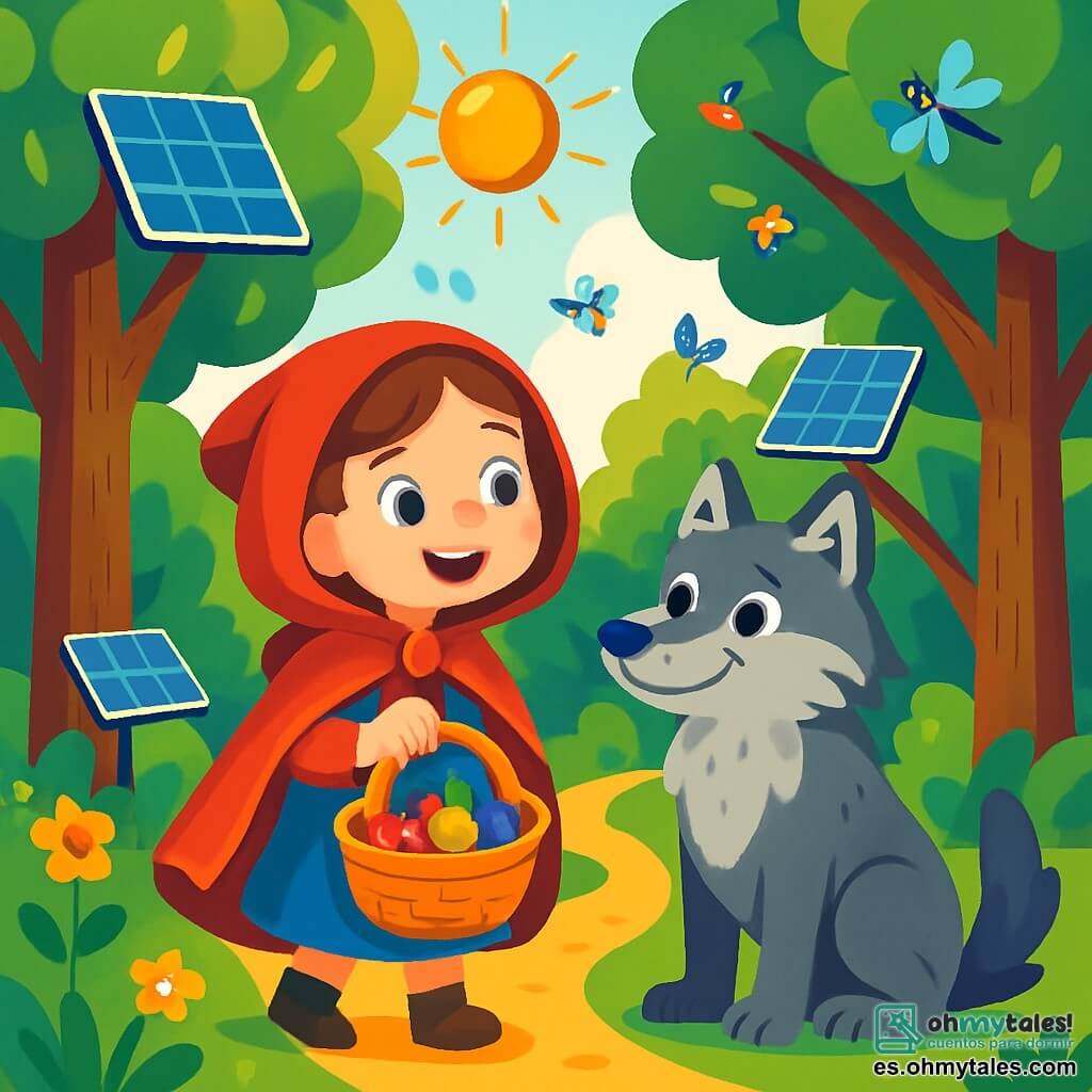 Caperucita Roja, una niña alegre de unos 8 años, lleva una capa roja brillante que brilla bajo el sol. Su rostro está iluminado por una amplia sonrisa y sus ojos brillan de curiosidad. Sostiene una pequeña cesta llena de frutas coloridas, de pie en un camino dorado que serpentea a través del bosque. A su lado, el Lobo Gris, un lobo amistoso con pelaje gris plateado y ojos brillantes, la mira con curiosidad. Está sentado sobre sus patas traseras, pareciendo interesado en la cesta de Caperucita. Al fondo, se ve la cabaña de la abuela, rodeada de grandes árboles con hojas verdes brillantes y flores luminosas que brillan a la luz del día. La escena transcurre en el Bosque del Futuro, un lugar mágico donde los árboles tienen paneles solares y insectos coloridos vuelan alrededor. Caperucita Roja y el Lobo Gris conversan alegremente, compartiendo ideas sobre la protección de la naturaleza, en una atmósfera de camaradería y aventura.