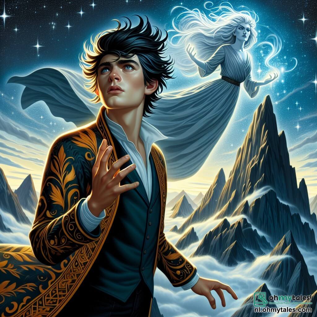 Op de top van een majestueuze berg staat een jonge man genaamd Zhang Wei, ongeveer 16 jaar oud, met een vastberaden blik. Hij heeft zwarte, iets door de wind verwarde haren en draagt een tovenaarsrobe versierd met gouden motieven die schitteren onder het sterrenlicht. Zijn handen zijn geheven, alsof hij een krachtige spreuk aan het uitspreken is, en zijn gezicht toont zowel concentratie als verwondering. Naast hem zweeft een oude geest, een etherische vrouw met zilverachtig haar dat om haar serene gezicht valt, en haar ogen stralen oneindige wijsheid uit. Ze kijkt Zhang vriendelijk aan, klaar om hem advies te geven. Het omringende landschap is spectaculair: steile bergen rijzen op in de achtergrond, omhuld door mystieke nevels, terwijl de lucht bezaaid is met schitterende sterren die lijken te dansen op de maat van de magie. Lichtflitsen komen uit de aarde, wat een betoverende sfeer creëert. Zhang reciteert een oude spreuk om de tijd te manipuleren, terwijl de geest hem aandachtig observeert, wat het conflict tussen ambitie en wijsheid benadrukt.