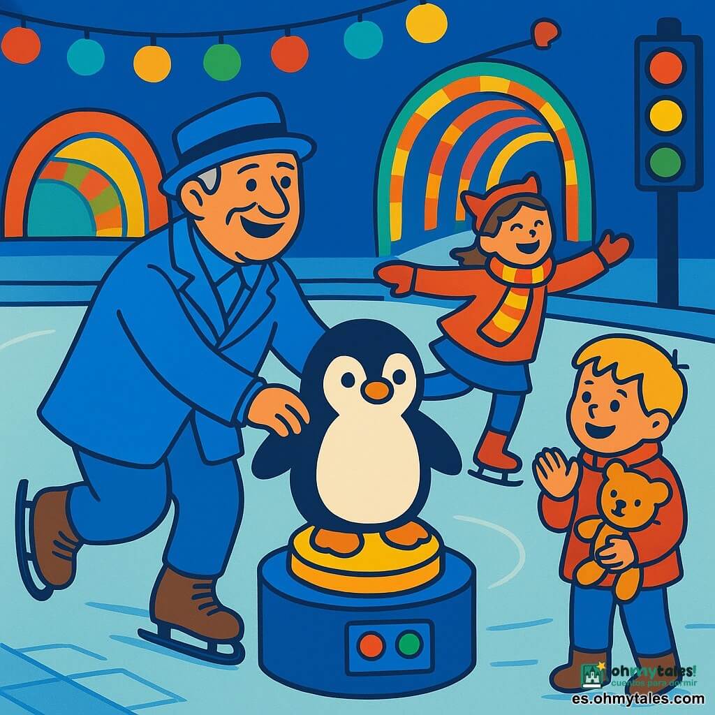 Un hombre llamado Don Zócalo, rostro risueño y arrugado, traje azul brillante y botas chirriantes, empuja con humor un gran pingüino de peluche blanco y negro desde un botón luminoso mientras hace una pirueta; a su derecha, Nico, un niño de ~6 años de cabello rubio y abrigo rojo, aplaude sujetando un osito; detrás, una niña de ~7 años con una diadema de orejas de gato y bufanda a rayas ríe y gira cerca de un túnel de luces LED; la escena ocurre en una pista de hielo exterior en una plaza adoquinada, con guirnaldas de farolillos, un panel de control bajo y una vieja señal verde-amarilla-roja parpadeante, colores vivos (azul, rojo, amarillo, verde) y contornos simples que transmiten un momento cómico y cálido en un ambiente invernal.