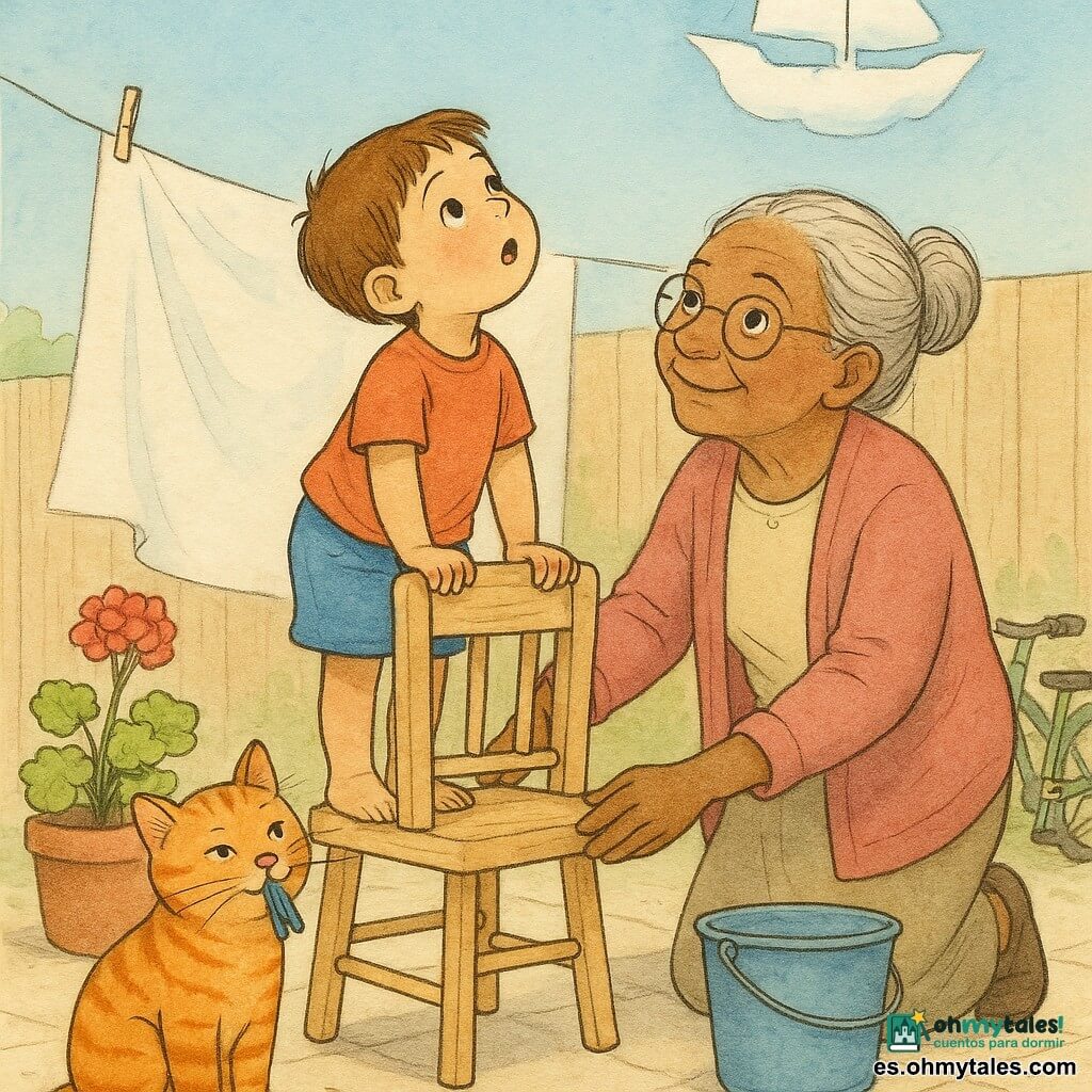 Un niño de 4 años, cabello castaño corto y mejillas redondas, de pie en una pequeña silla de madera con las manos en el respaldo, mira hacia el cielo sonriendo tímidamente; junto a él, la vecina abuela Rosa (unos 70 años) con cabello gris en moño y gafas redondas sostiene la silla y sonríe con ternura; en primer plano, el gato naranja atigrado Nico sostiene una pinza de ropa azul entre los dientes. El patio pequeño tiene suelo de losas claras, un geranio rojo en maceta de barro, un cubo azul, una pequeña bicicleta verde apoyada en la valla y una sábana blanca en la cuerda que se mueve; el niño sigue una nube con forma de barquito blanco que flota bajo en un cielo azul claro, la sábana amenaza con tapar la vista y la abuela le asegura la silla mientras el gato trae la pinza como un tesoro. Estilo: trazos de tinta fina, acuarela viva y texturas suaves, colores pastel luminosos, composición centrada en el trío y la nube-barquito arriba a la derecha.