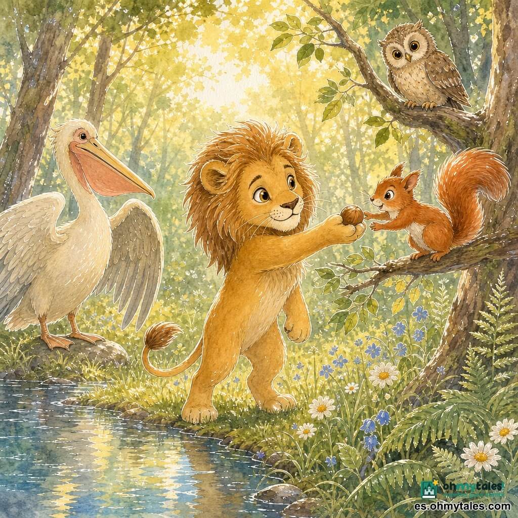 Leo, un joven león de pelaje dorado ligeramente erizado, de mirada cálida y decidida, ayuda a una pequeña ardilla rojiza a alcanzar una avellana junto a un estanque; un pelícano majestuoso a la izquierda, de plumas blancas y beige y pico con saco rosado, y un viejo búho marrón posado en una rama alta observan la escena. Claro de bosque bañado por luz dorada, hierba con flores azules y margaritas, troncos y helechos en los bordes; composición centrada, colores cálidos, estilo acuarela con detalles finos en gel blanco sobre los reflejos del agua y el pelaje.
