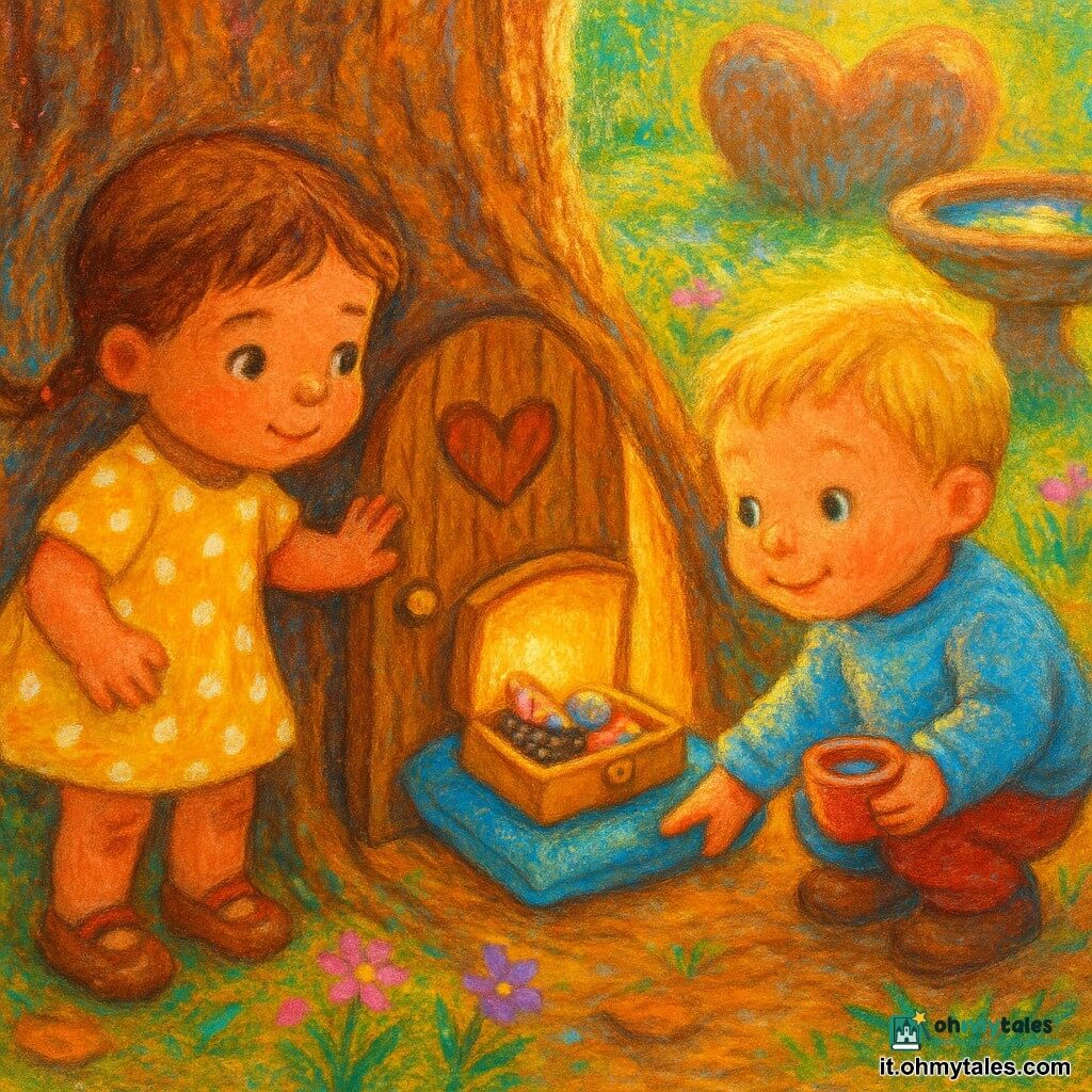 Ci sono 2 bambini: una bambina di 3 anni, Lila, capelli castani in piccole treccine, vestito giallo a pois bianchi, ginocchia un po' sporche, a sinistra della porta sull'albero con la mano appoggiata al legno e sguardo meravigliato; un bambino di 3 anni, Tommi, capelli biondi corti, maglione celeste, a destra di Lila, accovacciato, tiene una piccola tazza d'acqua e sorride timidamente. Luogo: un giardino luminoso con terreno morbido coperto di foglie e fili d'erba, un grande rovere con una piccola porta di legno incastonata con un cuore, una fontana di pietra che riflette il sole, alcune fioriture selvatiche rosa e viola e una grossezza di roccia a forma di cuore sullo sfondo. Situazione principale: i bambini toccano delicatamente la piccola porta tre volte, questa si apre lasciando uscire una calda luce dorata; all'interno, su un cuscino blu, si intravede una scatolina lucente con semi neri, un pezzo di stoffa colorata e una campanella argentata scintillante.