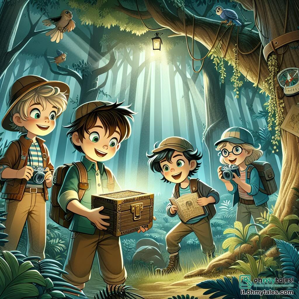 In una foresta ombrosa e magica, quattro giovani avventurieri si trovano insieme. Matteo, un ragazzo di dieci anni con capelli castani e occhi scintillanti, osserva con entusiasmo una vecchia scatola di legno che ha scoperto vicino a un grande albero. Alla sua destra, Giulia, una ragazza di dieci anni con occhiali e un cappello da esploratrice, legge attentamente un antico libro di leggende. A sinistra, Luca, un ragazzo di dieci anni con capelli biondi e un'aria ingegnosa, esamina una bussola lucente che tiene tra le mani. Infine, Elisa, una ragazza di dieci anni con capelli ricci e una macchina fotografica appesa al collo, cattura il momento con un grande sorriso. Il paesaggio è una foresta densa, con alberi maestosi e foglie verdi che filtrano la luce del sole, creando motivi di luce e ombra sul terreno. I bambini, pieni di meraviglia ed entusiasmo, stanno scoprendo un tesoro nascosto, pronti a condividere la loro incredibile scoperta e a sognare nuove avventure insieme.