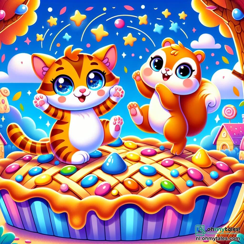 Een speelse kitten met een gestreepte oranje vacht en ondeugende, sprankelende ogen danst vrolijk op een grote, kleurrijke taart die levendig lijkt, met zijn pootjes in de lucht, wat zijn enthousiasme toont. Naast hem staat een glimlachende eikenbast, met ronde ogen en roze wangen, een ondeugend eekhoorntje dat enthousiast applaudisseert met zijn kleine pootjes omhoog, terwijl het op een tak boven hem staat. De achtergrond is een sprookjesachtig dorp, waar de huizen van kleurrijke snoepjes zijn gemaakt en de bomen fonkelende sterren dragen, onder een stralend blauwe lucht vol met marshmallow-vormige wolken. De scène toont het moment waarop de kitten en het eekhoorntje een groot festival vieren met een dansende taart, omringd door nieuwsgierige dieren die lachen en dansen, wat een vrolijke en magische sfeer creëert.