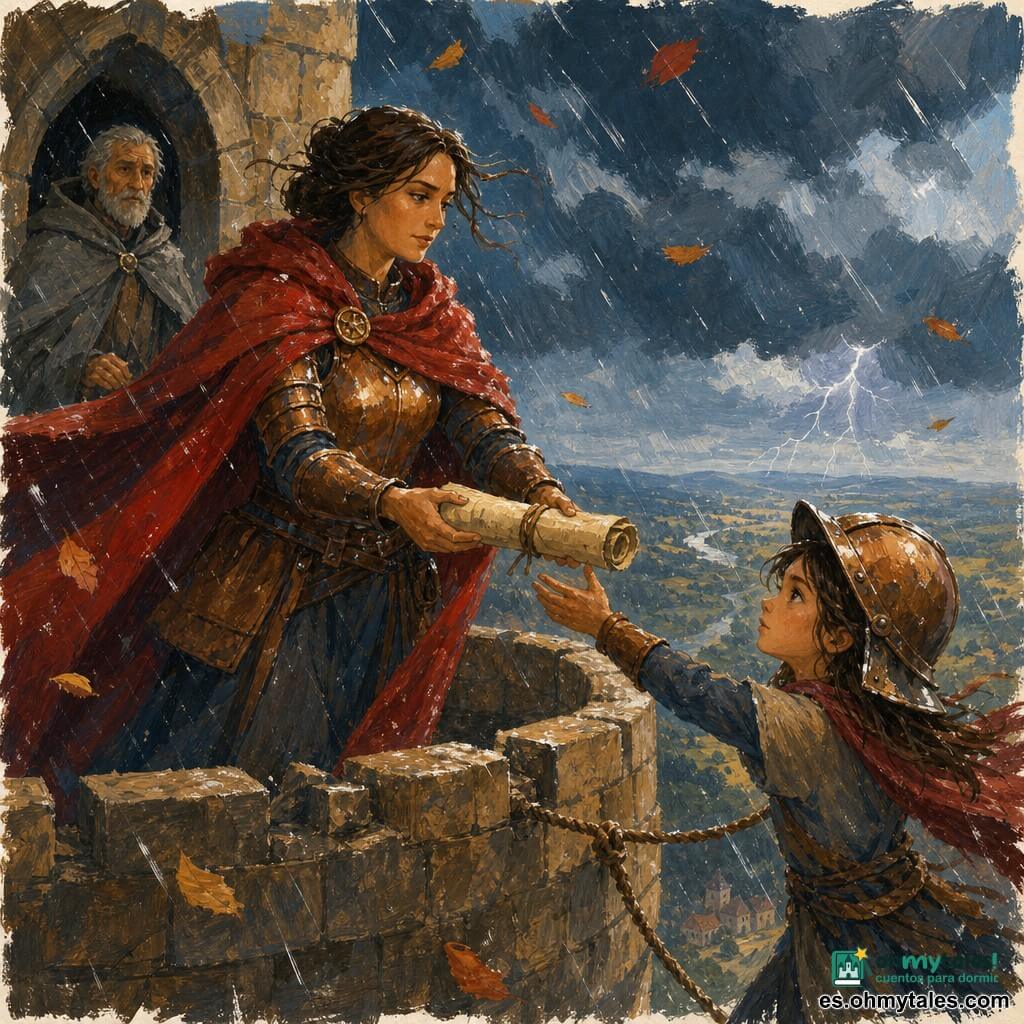Caballera Elvira, mujer adulta de rostro sereno y decidido, armadura algo gastada con reflejos cobrizos y capa roja pegada por la lluvia, sujeta con firmeza un pergamino mojado; Maesa, niña de unos 12 años, pelo corto y despeinado, casco grande ladeado, atada con una cuerda a la balaustrada y tendiendo la mano desde la derecha para recuperar el pergamino; el alcaide Sern, hombre de unos 60 años, delgado, barba rala y abrigo gris apagado, en retirada bajo un saliente con las manos cruzadas, vigilante pero respetuoso; la escena en la cima de una torre alta y estrecha, terraza de piedra mojada y balaustrada esculpida, cielo cargado de nubes oscuras con relámpagos lejanos, lluvia y viento que hacen ondear las capas; momento dramático: la joven caballera protege un antiguo mapa en pergamino durante la tormenta, cuerda tensa, pergamino a punto de ser arrancado por el viento, tensión y coraje visibles, colores gouache saturados (gris-azul del cielo, ocres de la piedra, rojo intenso de la capa), texturas gruesas y pinceladas expresivas.