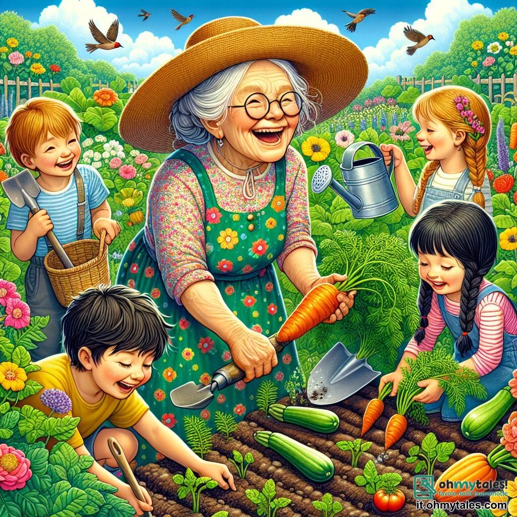 Una contadina felice, Nonna Caterina, è al centro dell'immagine. È una donna anziana, con capelli grigi raccolti, che indossa un grande cappello di paglia e un vestito a fiori colorati. Il suo viso irradia felicità mentre sorride tenendo una pala in una mano e una carota fresca nell'altra. Accanto a lei ci sono tre bambini: Luca, un ragazzo di 8 anni con capelli castani e occhiali, sta scavando nel terreno, mentre Sara, una ragazza di 7 anni con trecce bionde, annaffia le piante con un annaffiatoio. Amir, un ragazzo di 6 anni con capelli neri, osserva con meraviglia, tenendo una piccola zucchina tra le mani. La scena si svolge in un giardino verdeggiante, pieno di file di carote e zucchine, sotto un cielo blu splendente. Fiori colorati bordano i sentieri e gli uccelli cantano sugli alberi. Nonna Caterina spiega con entusiasmo ai bambini come coltivare le verdure, mentre ridono e si divertono insieme in questo angolo di paradiso agricolo.