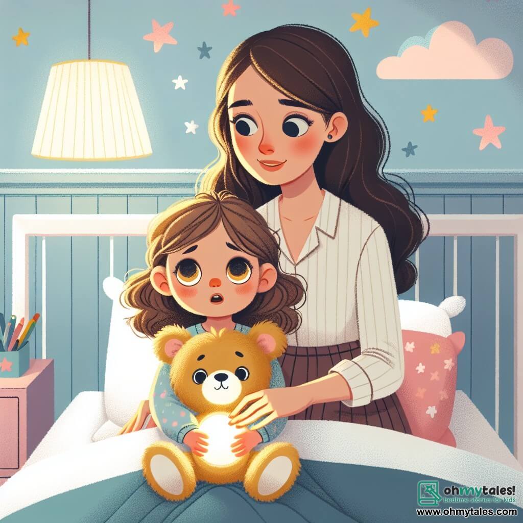 A 1-year-old girl with big bright eyes and curly brown hair lies in her bed, holding her soft teddy bear, Mr. Fluffy, against her chest, displaying a curious yet slightly scared expression. Next to her, her mother, a woman in her 30s with long smooth hair, smiles tenderly while holding a small night lamp that emits a soft yellow light. She sits on the edge of the bed, comforting her daughter. The scene takes place in a cozy room with pastel-painted walls decorated with star and cloud stickers. A fluffy rug is on the floor, and colorful toys are scattered around the bed. The lamp's light creates a soft and reassuring atmosphere, contrasting with the darkness in the rest of the room. The main situation shows the little girl, a bit nervous, looking around as her mother points out the stars on the ceiling, turning the fear of the dark into a magical and comforting moment.