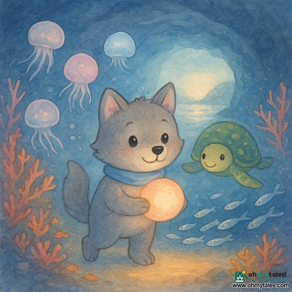 Anthropomorphic wolf pup with soft gray fur and a small blue scarf holds a glowing round shell emitting a gentle peach light while a round green sea turtle with yellow spots guides him from behind with a flipper; translucent pale pink and blue jellyfish float like lanterns, a school of silver fish circles to open a path, and colorful pink, orange and yellow coral with small hiding fish fills the background as a distant beach and cave opening show wet sand reflecting the golden sunset—the wolf cautiously advances through a blue underwater cave toward the exit as his marine friends light and form a protective passage, watercolor style with soft colors, rounded lines, and a comforting, magical atmosphere.