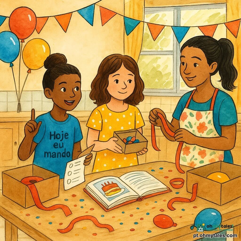 Três personagens: Lila, ~10 anos, cabelo castanho médio cacheado, vestido amarelo com bolinhas brancas, no centro junto à mesa segurando uma caixa de enfeites vermelhos e azuis; Joana, ~11 anos, cabelo castanho preso em coque, camiseta azul “Hoje eu mando”, à esquerda apontando uma lista escrita à mão; a mãe, ~35 anos, cabelo preto em rabo de cavalo, avental floral, à direita atrás da mesa com um rolo de fita olhando as meninas com carinho. Local: cozinha clara com azulejos claros, mesa de madeira clara coberta de caixas abertas, balões coloridos murchos no chão e guirlandas de papel perto de uma janela iluminada pela manhã. Situação: preparativos de aniversário — decoram e organizam a mesa com fitas vermelhas, confetes, um livro de receitas aberto com foto de bolo e balões prontos para encher. Estilo: tinta colorida, traços nítidos, cores vivas e texturas visíveis no madeira e tecidos.