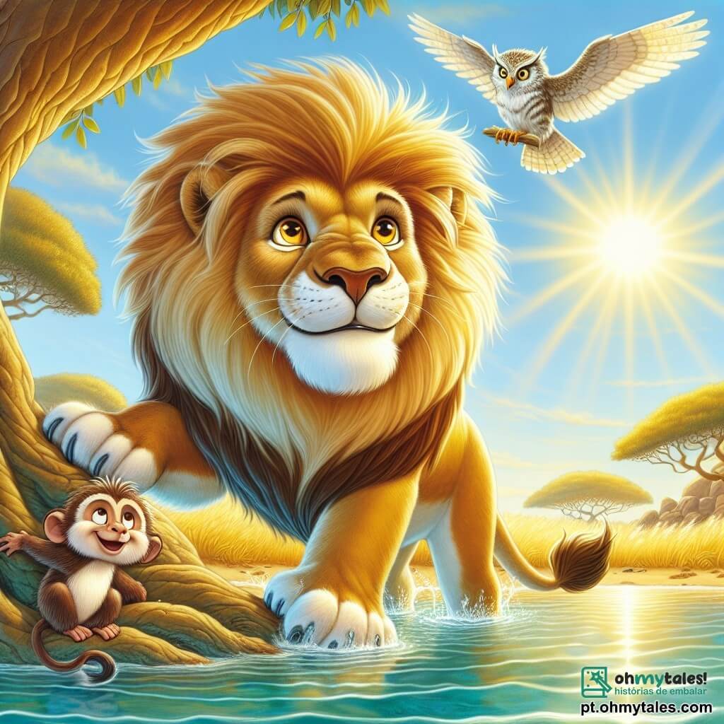 Um majestoso leão chamado Simba, com uma juba dourada brilhando ao sol, expressa uma determinação corajosa em seu rosto. Seus olhos brilham de esperança enquanto ele está à beira de um lago de cristal, suas patas poderosas firmes no chão, pronto para mergulhar no desconhecido. Ao seu lado, um pequeno macaco travesso chamado Tiko, com pelagem marrom e olhos brilhantes, sobe em um galho de árvore, observando Simba com entusiasmo e impaciência. Perto dali, uma sábia coruja chamada Zara, com penas brancas e olhos sábios, empoleira-se em uma pedra, observando a cena com uma expressão calma e refletiva. O local é uma paisagem ensolarada de savana, com gramíneas douradas balançando ao vento, árvores majestosas ao fundo, e o lago de cristal brilhando como um espelho sob o céu azul. A cena principal mostra Simba, Tiko e Zara se preparando para partir juntos em uma aventura, determinados a encontrar o Coração da Savana para salvar seu reino.