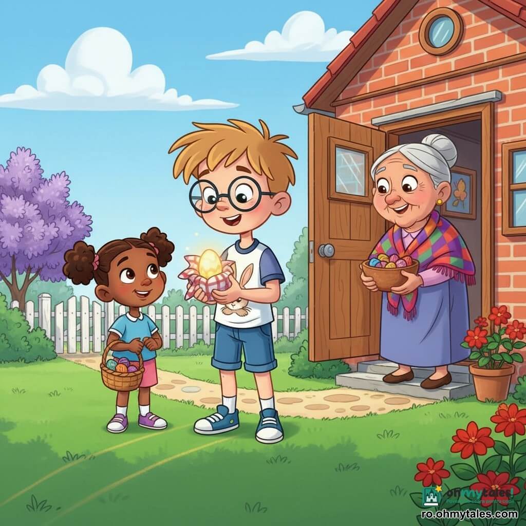 Vlad, băiat de 8 ani, privește uimit ținând un ou mic luminos înfășurat într-un șervet în carouri; poartă păr șaten deschis, ochelari rotunzi, tricou cu iepuraș și șort albastru; Mara, fetiță de 5 ani, zâmbitoare cu părul șaten în bucle prins în două cozi, poartă o rochiță roz cu buline și ține un coș mic cu ouă de ciocolată; tanti Ileana, femeie binevoitoare de vreo 70 de ani cu piele ridată, șal colorat pe umeri, deschide ușa casei de cărămidă ținând un bol cu bomboane; curtea de primăvară are gazon tuns, un tufiș de liliac violet, un aleu pietruit spre o ușă albă, geraniumi în ghivece și cer senin; lumina oului lasă o urmă aurie pe iarbă și ghidează pe Vlad către ușa vecinei, scenă caldă și luminoasă, concentrarea pe cei trei pentru a sublinia împărtășirea momentului.