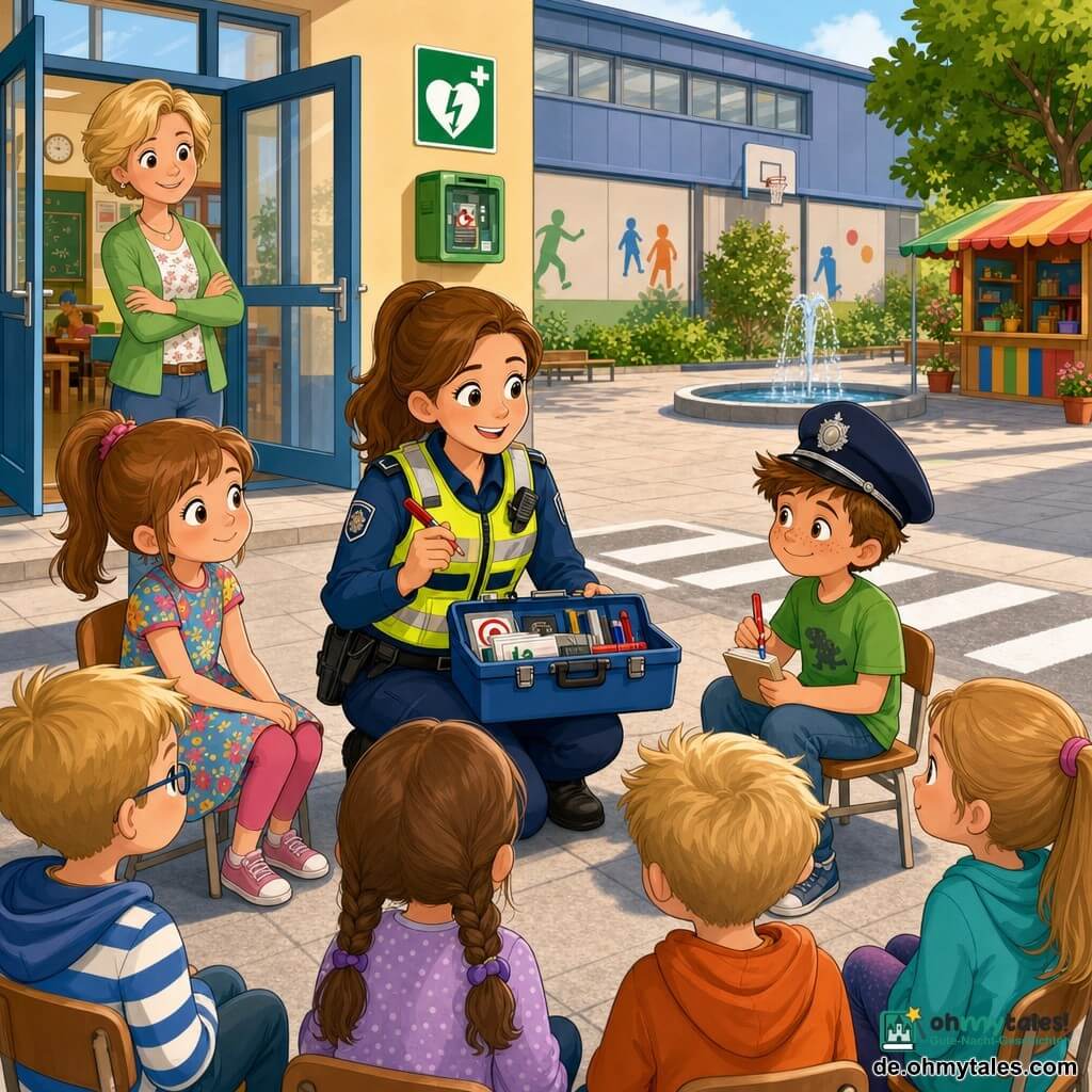 Eine junge lächelnde Polizistin mit gelber Warnweste über blauem Uniformhemd und braunem Pferdeschwanz kniet, um auf Augenhöhe mit Kindern zu sein, hält einen großen blauen Werkstattkoffer und einen sichtbaren roten Filzstift; ein Mädchen, Mira (ca. 8 Jahre) mit braunem Pferdeschwanz und buntem Kleid steht links und blickt neugierig lächelnd, ein Junge, Ben (ca. 8 Jahre) mit kurzem Haar und Sommersprossen und grünem T‑Shirt sitzt auf einem kleinen Stuhl und tut so, als schreibe er auf einen Block; eine Lehrerin, Frau Neumann (ca. 30–40 Jahre, kurze blonde Haare), lächelt im Hintergrund bei der Klassenzimmertür; Schauplatz ist der Schulhof vor einer Klasse mit hellem Plattenboden, einem Zebrastreifen, einem Springbrunnen im Hintergrund, einem bunten Kiosk und einem grünen AED‑Schild an der Sporthallenwand; Hauptszene: ein Sicherheitsworkshop mit einem Kreis aufmerksamer Kinder um die Polizistin, warme entspannte Gesichtsausdrücke, kräftige Kontrastfarben, weiches Spätvormittagslicht, kindgerechter einfacher Stil mit runden Formen und ausdrucksstarken Silhouetten.