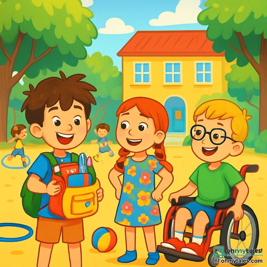 Er zijn 3 personages: Tom: een 8-jarig jongen met rommelig bruin haar, in een felle blauwe T-shirt en een beige short. Hij glimlacht vrolijk terwijl hij een kleurrijke rugzak vol schoolspullen vasthoudt. Sam: een 8-jarig jongen met blond haar en een bril, zittend in zijn mooie rode rolstoel. Hij draagt een groene T-shirt en een blauwe short, en hij lacht terwijl hij zijn vaardigheden laat zien door snel te rijden. Lotte: een 8-jarig meisje met lange rode vlechten, gekleed in een kleurrijke bloemenjurk. Ze staat naast Tom met haar handen op haar heupen, met een grote glimlach en kijkt nieuwsgierig om zich heen. De locatie is een zonnige schoolyard, omringd door grote bomen met heldergroene bladeren. Kinderen spelen en lachen om hen heen, terwijl kleurrijke spellen zoals hoepels en ballonnen op de grond liggen. Op de achtergrond is het schoolgebouw te zien met heldere ramen en een grote uitnodigende ingang. De hoofdsetting toont Tom, Sam en Lotte die samen plezier hebben op hun eerste schooldag. Ze lachen en dagen elkaar uit in een race, met stralende glimlachen op hun gezichten, wat de opwinding en vreugde van de terugkeer naar school illustreert.