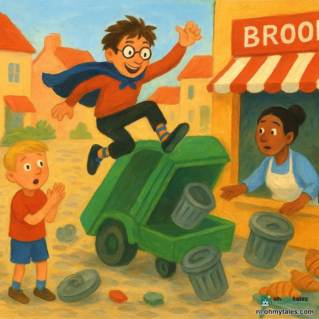 Een ondeugende glimlachende man, Sander, met warrig bruin haar, ronde bril en een blauwe, sobere cape, springt op het dak van een grote vuilniswagen terwijl hij opvallende blauw-gele gestreepte sokken draagt; een jongen van ongeveer 9 jaar met kort blond haar en verbaasde ogen staat op het plein bij de fontein en klapt; een vrouwelijke bakker van circa 45 jaar met haar in een knot en een bloemig bebloemd wit schort hurkt voor haar etalage en reikt naar croissants, bezorgd maar gerustgesteld; de scène speelt zich af op een klein, met kinderkopjes bestrát plein met een klaterende fontein, omgevallen bloempotten, houten bankjes en pastelkleurige gevels bij zachte ochtendlicht- en warme schaduwwerking; hoofdmoment: Sander springt vrolijk op de wagen om een vastzittende container los te krijgen, vuilnisbakken rollen zachtjes richting bakkerij, dynamische gebaren en komische mimiek, felle kleuren en zichtbare penseelstreken in een kinderlijke gouachestijl.