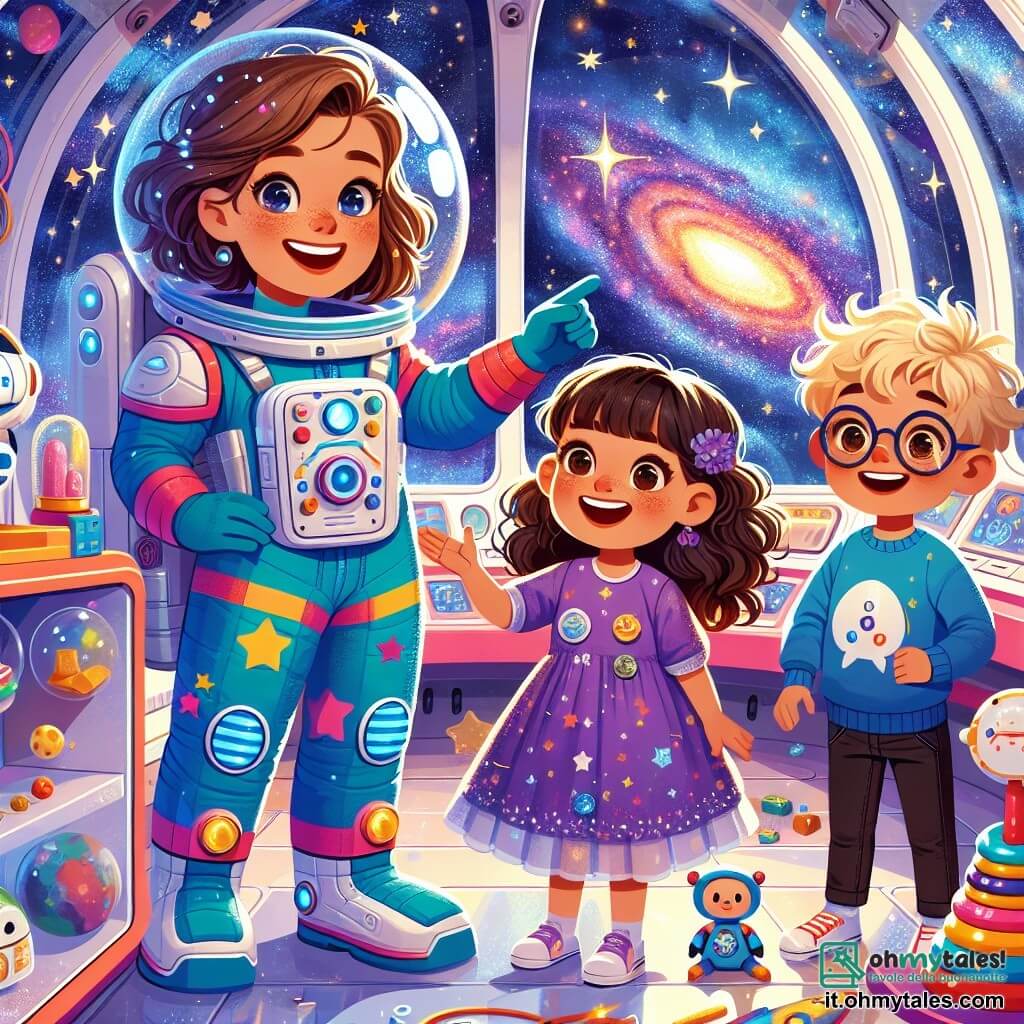 Al centro dell'immagine, Stella, una donna pilota sorridente di circa trent'anni, indossa una tuta spaziale brillante e colorata, con dettagli argentati che scintillano sotto la luce delle stelle. I suoi capelli castani fluttuano leggermente in assenza di gravità, e i suoi occhi brillano di eccitazione mentre mostra ai bambini le meraviglie dell'universo attraverso la grande finestra della sua navetta spaziale. Accanto a lei, Leo, un ragazzo di 8 anni con capelli biondi arruffati, guarda con meraviglia le stelle che brillano come diamanti. Indossa una maglietta blu con un razzo disegnato e tiene un piccolo quaderno in cui disegna tutto ciò che vede. Mia, una bambina di 7 anni con capelli ricci e un vestito viola, indica una bellissima nebulosa colorata che illumina il cielo. È seduta sul pavimento della navetta, circondata da giocattoli spaziali, e il suo viso è illuminato dalla luce delle stelle. Nino, un ragazzo di 9 anni con occhiali rotondi, è in piedi vicino a Stella, con gli occhi spalancati per la meraviglia. Indossa una camicia a righe e tiene un piccolo robot di plastica che ha portato con sé. La navetta spaziale, "Sogno Blu", si trova all'interno di una stazione spaziale educativa, con muri in vetro trasparente che offrono una vista mozzafiato nello spazio. Schermi interattivi e stelle scintillanti riempiono lo sfondo, creando un'atmosfera magica e futuristica. La scena principale mostra Stella e i bambini mentre esplorano l'universo, meravigliati dalla bellezza delle stelle e dei pianeti, mentre condividono risate e scoperte, pronti a vivere un'avventura indimenticabile.