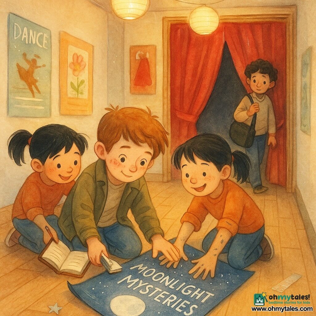 A 10-year-old boy with a round freckled face, short tousled brown hair, wearing jeans and a khaki jacket, crouches with an open notebook and a pencil behind his ear as he gently unrolls a night-blue poster; Lina, about 9, with black hair in a ponytail and a mischievous smile, hands muddy, stands to his left smoothing the poster with open palms; Theo, about 11, with dark curly hair and a relieved, sheepish expression, holds a black violin case near a theater door behind the red velvet curtain; the scene is a hallway of a cultural center lined with colorful posters and light parquet flooring, the rolled "Moonlight Mysteries" poster found behind the stage, a small silver star sticker on the floor and a strip of shiny tape on the wall, mood one of mutual help and a gently resolved mystery.