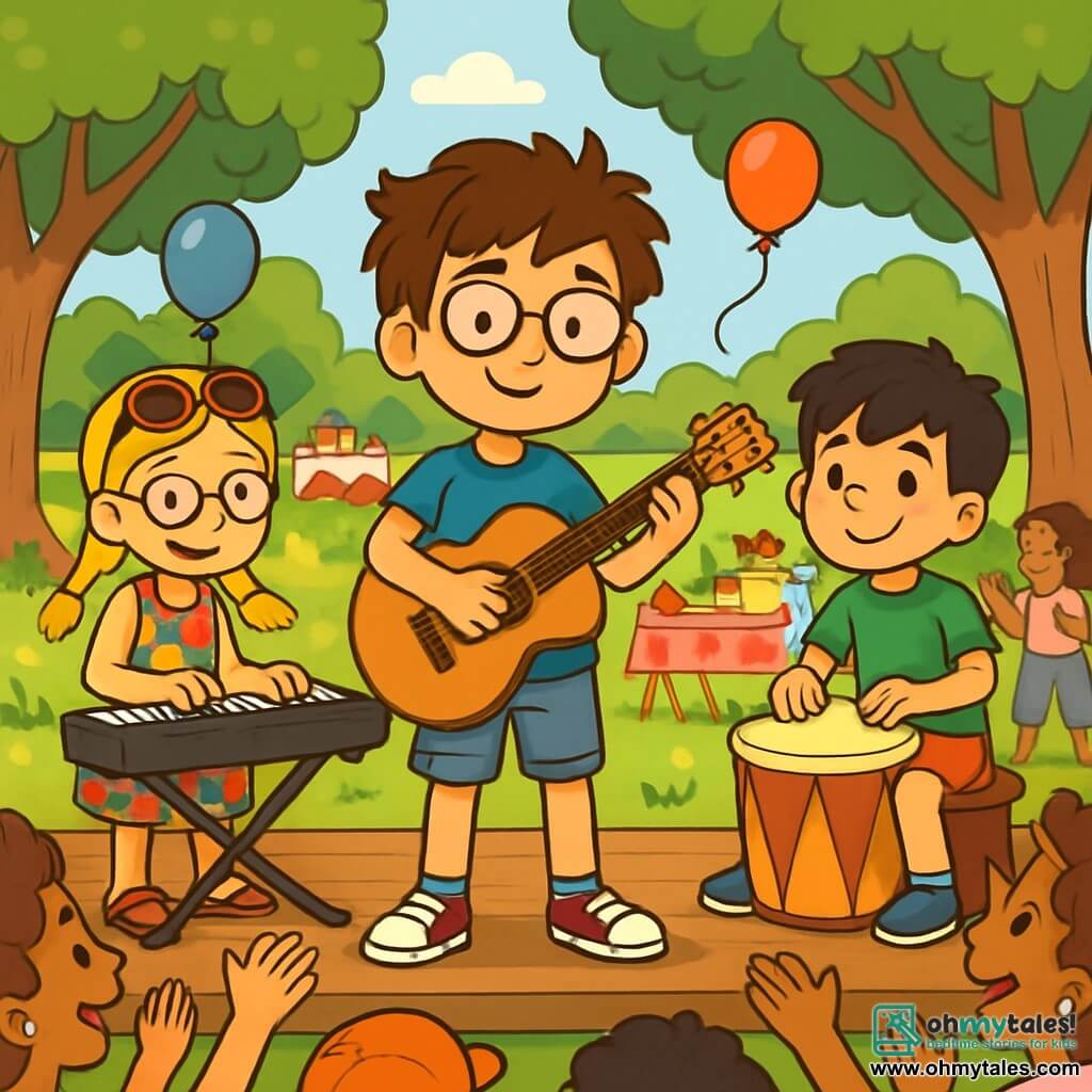 There are three characters: Leo, a 10-year-old boy with messy brown hair and round glasses, wearing a blue t-shirt with a guitar design and denim shorts, standing in the center holding a guitar; Emily, a 10-year-old girl with braided blonde hair and sunglasses on her head, wearing a colorful floral dress and sandals, smiling and playing the keyboard to the left of Leo; and Max, a 10-year-old boy with black hair and freckles, wearing a green t-shirt and red shorts, sitting on a drum ready to play to the right of Leo. The scene takes place in a sunny park filled with greenery, surrounded by majestic trees and a large lawn where families gather. Colorfully dressed tables are laden with cakes, drinks, and games, while balloons float in the air, adding a festive touch. The main situation shows the three friends on stage, surrounded by a joyful audience. Leo plays guitar, Emily focuses on her keyboard, and Max keeps the beat on his drum, as children and adults in the audience dance and applaud, creating a warm and community atmosphere.