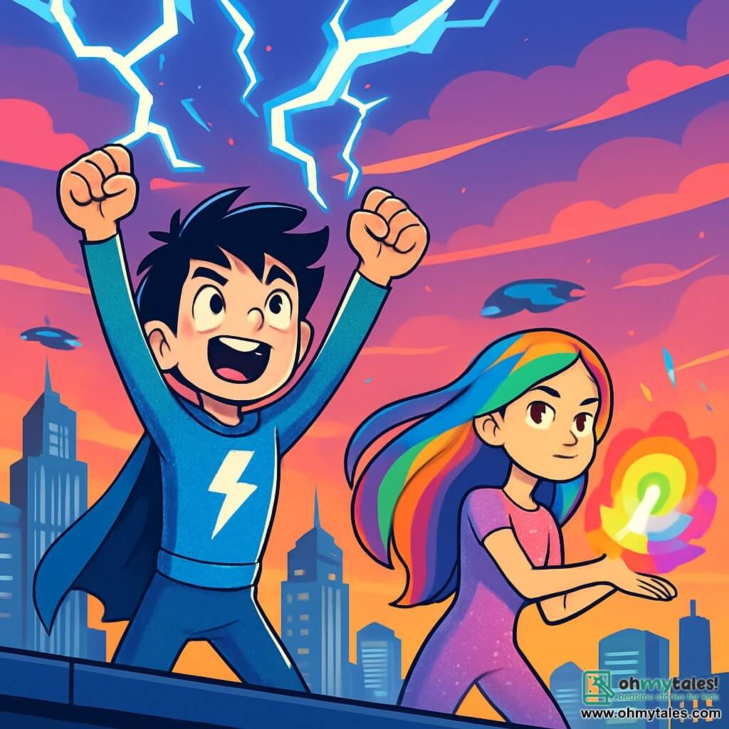 A young boy, Leo, stands on the roof of a futuristic building, his face lit up with excitement and determination. He has messy black hair, sparkling eyes, and wears a shimmering blue and silver suit with a stylized lightning bolt on the chest. He raises his arms to the sky, ready to unleash bolts of electricity. Next to him is a girl named Prism, around 14 years old, preparing to launch an explosion of colorful light. She has long, shiny hair dyed in all the colors of the rainbow and wears a light costume that sparkles like glitter. The setting is a rooftop overlooking the city of Neotropolis, with shimmering skyscrapers, flying cars, and a vibrant twilight sky filled with pink and blue clouds mixed with energy bursts. The main scene shows Leo getting ready to face a villain in an epic battle, with lightning flashing around him, creating an atmosphere of tension and excitement, symbolizing his role as a hero in a futuristic world.