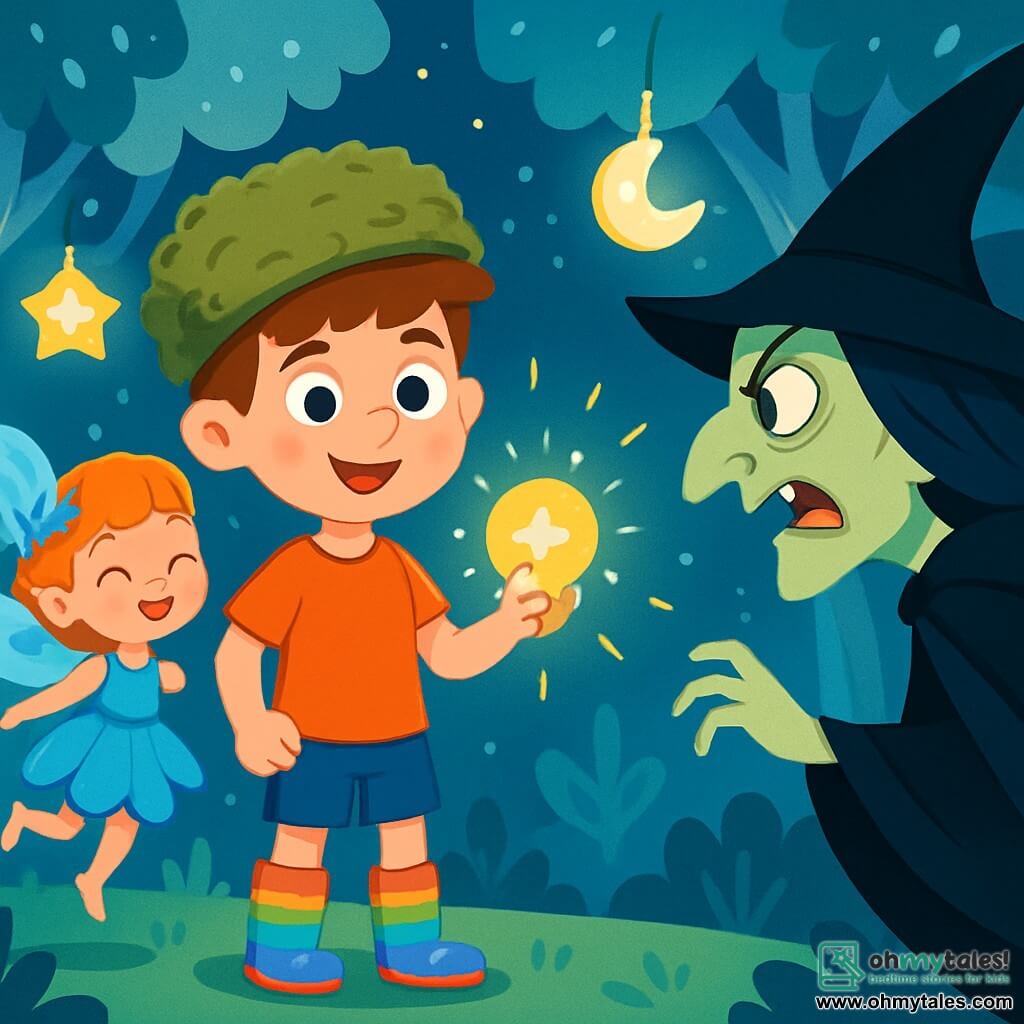 A young boy named Eliot, around 12 years old, stands in the center of an enchanted clearing, his face radiating courage and determination. He wears a hat made of soft moss and rainbow-threaded boots, holding a magical pearl that shines brightly in his hand. Beside him is a small fairy named Lila, about 8 years old, with a dress of blue petals and sparkling wings, joyfully flying around him, her face lit by a warm smile. In the background, the silver forest is filled with majestic trees with shiny leaves, illuminated by floating lanterns shaped like moons and stars. The main scene shows Eliot and Lila united against the wicked witch Morgra, whose face is marked by anger as she approaches with a threatening look, her black cloak billowing in the wind.