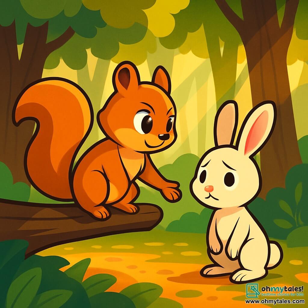 A young squirrel named Saffron, with golden-brown fur and a bushy tail, stands on a tree branch, her face showing determination and kindness. She attentively watches a young rabbit named Benny, with large white ears and gentle eyes, who stands a bit back, displaying an expression of sadness and hesitation. Their paws hover above a forest floor covered in green and golden leaves, while rays of sunlight filter through the branches, creating a warm and inviting atmosphere. The scene takes place in Whispering Wood, where majestic trees surround the two friends. Saffron extends a paw towards Benny, inviting him to come closer, symbolizing support and friendship in a moment of vulnerability.