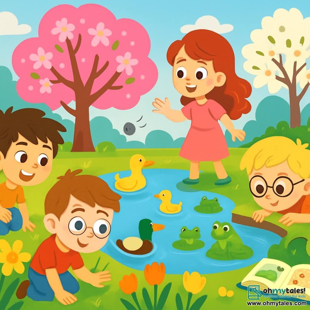 There are 4 children: - **Oliver**: A 9-year-old boy with sparkling brown eyes and messy brown hair, crouched by a patch of yellow flowers, marveling at the beauty of nature. - **Lily**: A 9-year-old girl with long auburn curls and rosy cheeks, standing next to Oliver, holding a small stone she just threw into the lake. - **Sam**: A 9-year-old boy with round glasses and blond hair, lying on his stomach, leaning over the water, observing frogs on lily pads. - **Emma**: A 9-year-old girl with brown hair and bangs, wearing a green t-shirt, sitting on the grass, flipping through a book about animals with a curious smile. The main setting is a vibrant spring park with flowering trees lining a small pond where ducks swim peacefully. Wildflowers like tulips and daffodils bloom all around, under a bright blue sky dotted with fluffy white clouds. The scene shows the children exploring and discovering the magic of spring: Oliver admires the flowers, Lily throws stones into the lake, Sam observes frogs, and Emma reads about nature, all united by their wonder at the beauty of the season.