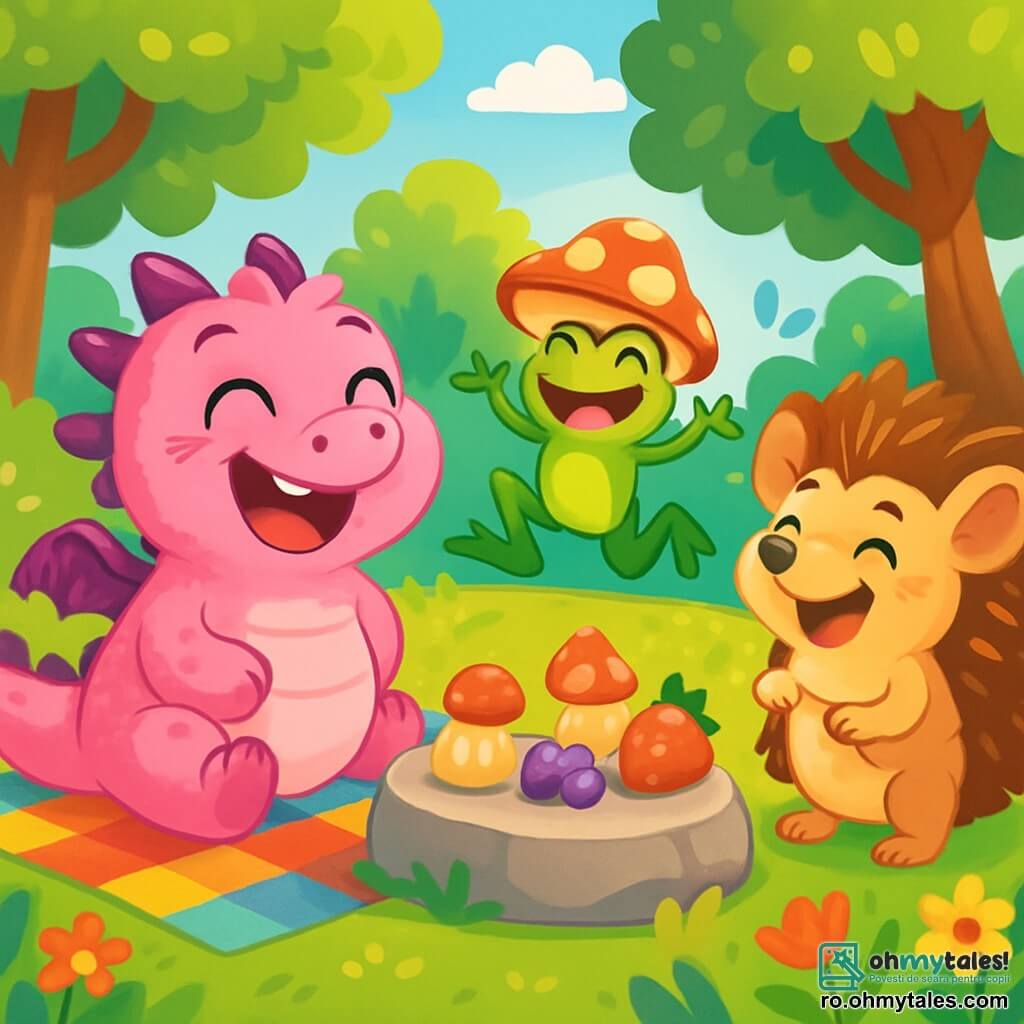 Un dragon mic roz și pufoș, numit Pufi, cu ochi mari și strălucitori de bucurie, stă pe o pătură cu carouri colorate, râzând cu poftă. Lângă el, o broască verde, Bubu, purtând o funny căciulă de ciupercă, sare de bucurie, cu picioarele din spate în aer și un zâmbet mare pe față. Puțin mai departe, un arici cu țepi aurii, Zuzu, cu urechi mari și curioase, stă în picioare, râzând cu gura până la urechi, ținând o paie mică în picioare. Locul este o poiană însorită, înconjurată de copaci cu frunze verzi strălucitoare, iar flori colorate dansează în vânt. În centru, o piatră mare și plată servește drept masă, decorată cu prăjituri delicioase în formă de ciuperci și fructe suculente. Situația principală arată cei trei prieteni pregătind picnic-ul lor hilar, fiecare aducând specialitatea sa, schimbând glume și râsete, creând o atmosferă veselă și plină de viață.