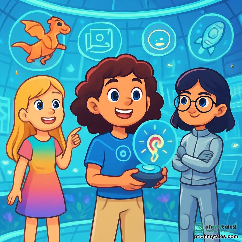 Há 3 personagens: - Clara: uma menina de 12 anos, com cabelos castanhos e cacheados, vestindo uma camiseta futurista azul e uma calça leve. Ela está no centro, com os olhos brilhando de excitação, segurando um pequeno dispositivo holográfico nas mãos. - Sofia: uma menina de 12 anos, com cabelos loiros e lisos, vestida com um vestido colorido que muda de tom. Ela está ligeiramente à esquerda de Clara, sorrindo e apontando para um holograma flutuante acima delas. - Luna: uma menina de 12 anos, com cabelos negros e óculos redondos, vestida com um conjunto tecnológico prateado. Ela está à direita de Clara, com os braços cruzados, observando atentamente a paisagem futurista ao seu redor. O cenário se passa no laboratório de realidade aumentada de Neolúmen, um espaço esférico com paredes translúcidas que brilham em cores vivas. Hologramas flutuantes de criaturas fantásticas e objetos tecnológicos dançam ao redor delas, enquanto telas interativas mostram mapas da cidade. O chão é de vidro transparente, revelando um jardim suspenso abaixo, cheio de flores luminosas. A situação principal da história mostra as três amigas criando juntas um Comunicador de Sensações, um dispositivo que traduz emoções em cores e sons. Elas estão imersas em seu projeto, cercadas por hologramas de ideias que flutuam ao seu redor, simbolizando sua criatividade e colaboração.