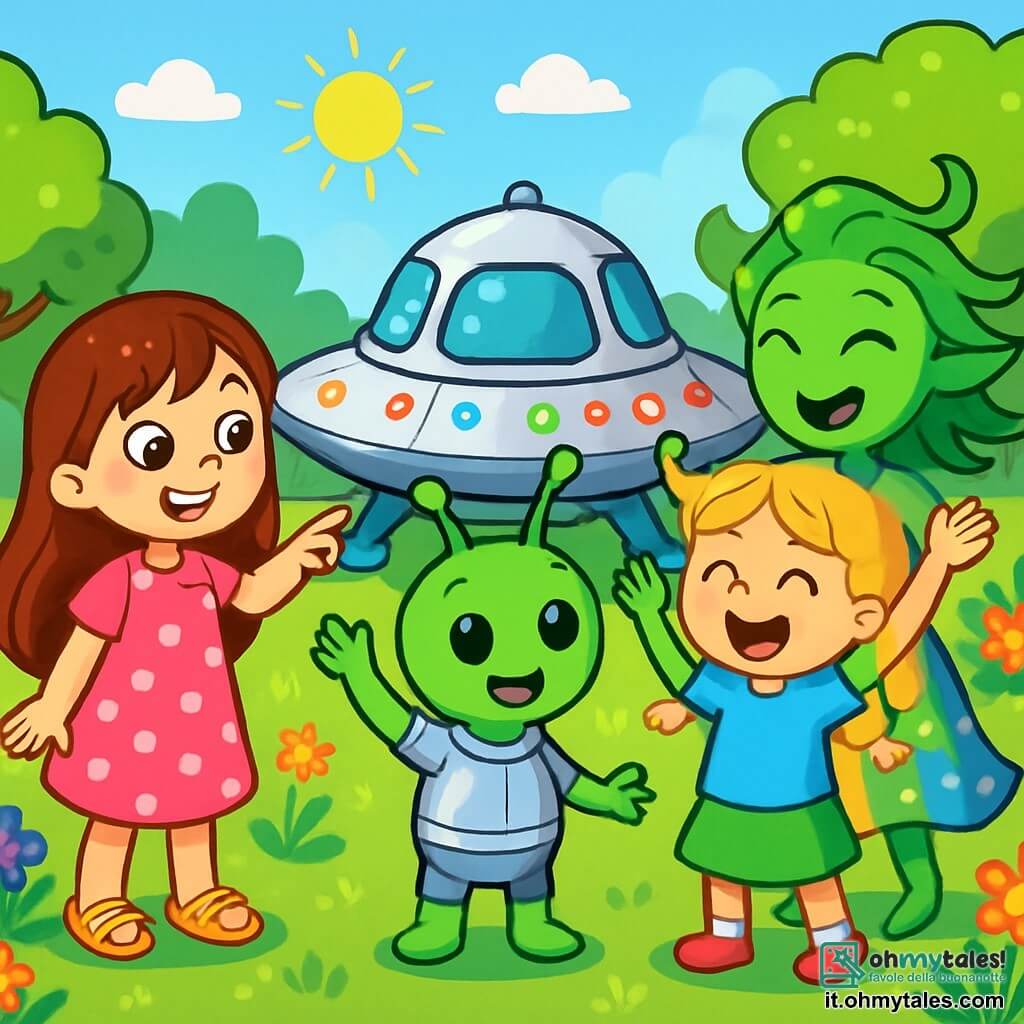 Ci sono 4 personaggi: Sofia, una bambina di 5 anni con lunghi capelli castani e occhi brillanti, indossa un vestito rosa a pois bianchi e sandali gialli, è a sinistra, sorridente e indica l'astronave. Giulia, una bambina di 5 anni con capelli biondi intrecciati e occhi blu, indossa una maglietta blu e una gonna verde, è a destra di Sofia con le braccia alzate per l'eccitazione. Zor, un extraterrestre verde, piccolo e rotondo, con grandi occhi neri e un sorriso amichevole, ha antenne sulla testa e indossa una tuta argentata, si trova al centro mentre saluta le ragazze. Lila, un'extraterrestre verde, leggermente più alta di Zor, con occhi a mandorla e capelli fluttuanti come alghe, indossa un vestito luminoso che brilla di colori diversi, è accanto a Zor ridendo con le ragazze. La scena si svolge in un giardino colorato, pieno di fiori vivaci e alberi verdi, con un prato ben curato. Al centro, una piccola navicella spaziale argentata brilla sotto il sole con luci lampeggianti e motivi futuristici. Sofia e Giulia giocano felicemente con Zor e Lila, ridendo insieme nel giardino, mentre l'astronave scintilla dietro di loro, creando un'atmosfera magica e amichevole.