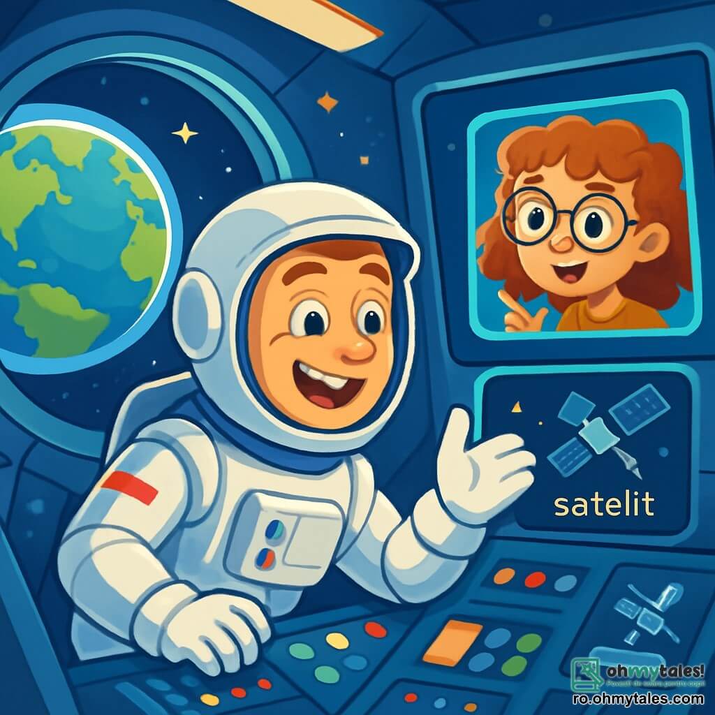 Un astronaut bărbat, Alex, plutește în costumul său spațial argintiu, cu un zâmbet mare și uimit pe față. Ochii săi strălucesc de excitație în timp ce observă Pământul, o sferă magnifică albastră și verde, prin hubloul navetei sale spațiale. Lângă el, pe un ecran flotant, se află Mara, o fetiță de 10 ani, cu părul creț și ochelari rotunzi, care privește cu curiozitate și entuziasm, punând întrebări despre spațiu. Scena se desfășoară în interiorul unei navete spațiale moderne, cu panouri de control luminoase și butoane colorate. Stele strălucitoare și planete îndepărtate sunt vizibile prin feronerie, creând o atmosferă magică și fascinantă. Situația principală arată cum Alex încearcă să rezolve o problemă cu un satelit care nu răspunde, în timp ce Mara îl încurajează și îi pune întrebări, adăugând o notă de aventură și camaraderie misiunii lor spațiale.