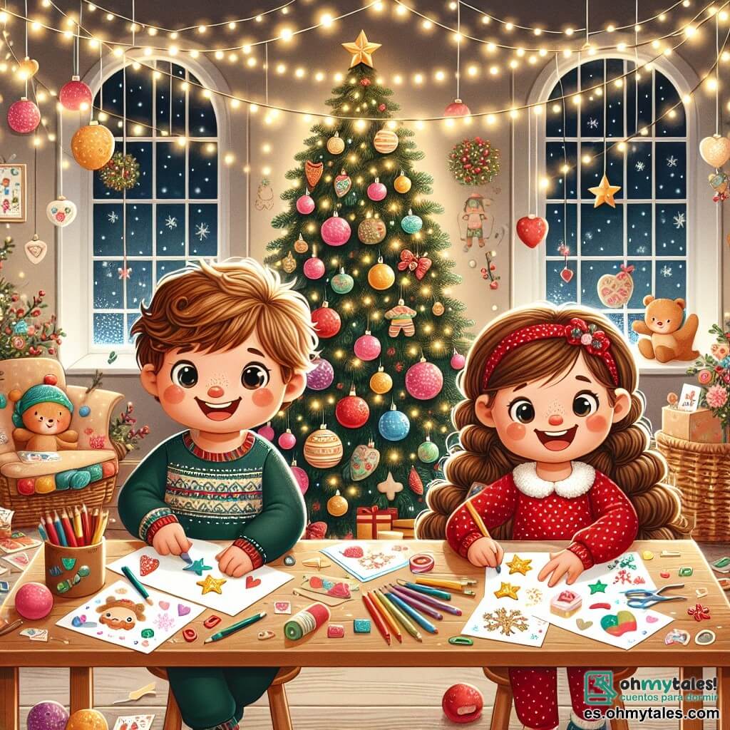 Un niño de 4 años, Lucas, con cabello rizado y castaño claro, ojos brillantes y una gran sonrisa, está sentado en una mesa de madera, rodeado de papeles de colores. Está recortando formas navideñas con tijeras, luciendo concentrado y entusiasta. A su lado, su mejor amiga Sofía, una niña de 4 años con largas trenzas castañas y un vestido rojo con lunares blancos, dibuja estrellas en una tarjeta, riendo alegremente. La escena transcurre en una cálida sala de un orfanato, decorada con guirnaldas luminosas y un gran árbol de Navidad en un rincón, lleno de bolas de colores y estrellas brillantes. En la mesa, hay lápices, pegatinas y tarjetas esparcidas, creando un ambiente festivo y creativo. La situación principal muestra a Lucas y Sofía, inmersos en su proyecto de hacer tarjetas de Navidad para alegrar a sus amigos del orfanato, ilustrando el espíritu de compartir y la felicidad de la temporada.