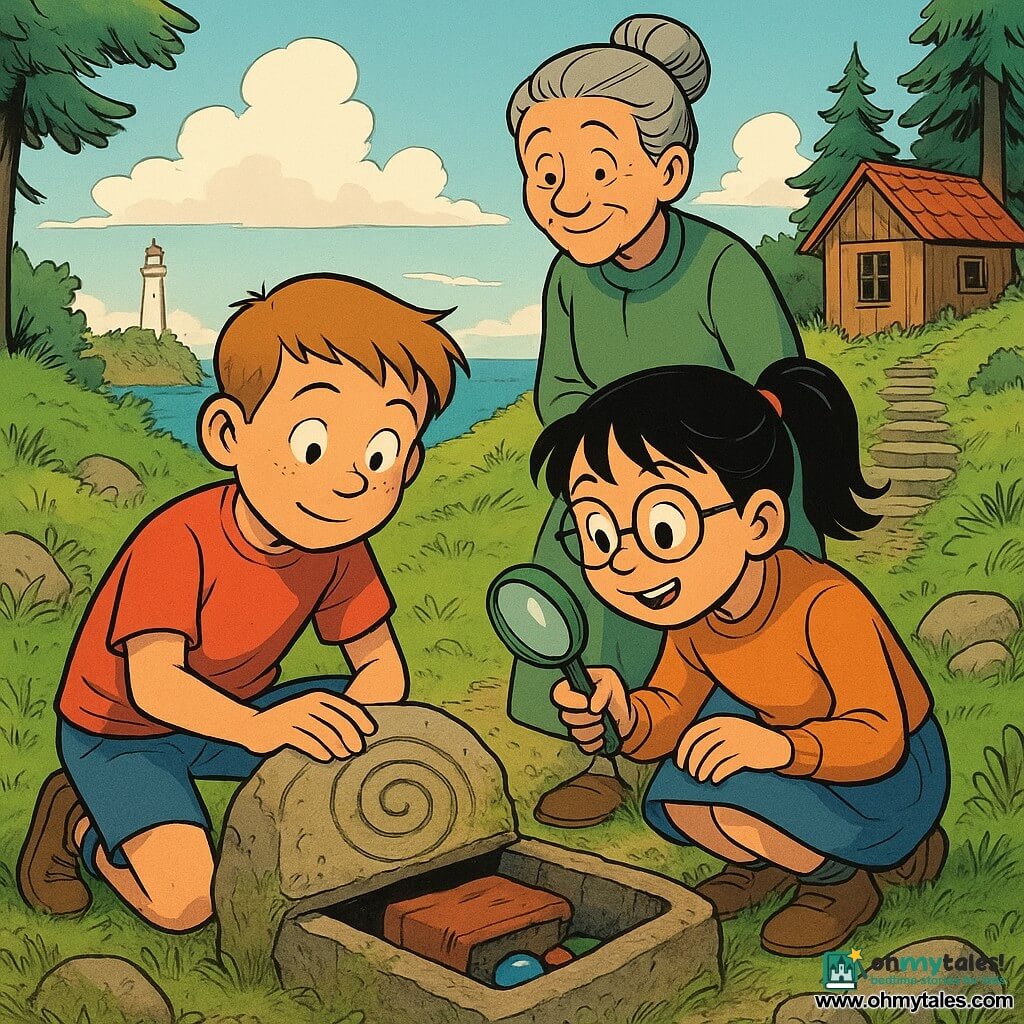 An 8-year-old boy with short light brown hair, a round freckled face and a curious, proud expression kneels before a flat stone carved with a spiral, his hand resting on a crack as if pressing to open a hidden compartment; beside him crouches an 8-year-old girl, Lina, with black hair in a ponytail, round glasses, an excited look and her hands on her knees while holding a small shiny magnifying glass; a kindly grandmother of about 60, hair gray in a bun, smiles from a short distance on the path near a small wooden house; the scene is on a grassy hilltop edged with pine, worn stone steps leading to a camouflaged opening, a view of the blue sea and a white lighthouse on the horizon, wild grasses and green moss around the stones; the moment the stone gently opens to a dark cavity containing a cloth-wrapped box, soft sunlight catching smooth colorful sea glass beside the box, creating a mysterious yet gentle atmosphere with warm colors and detailed textures of moss, stone, fabric and patinated metal.