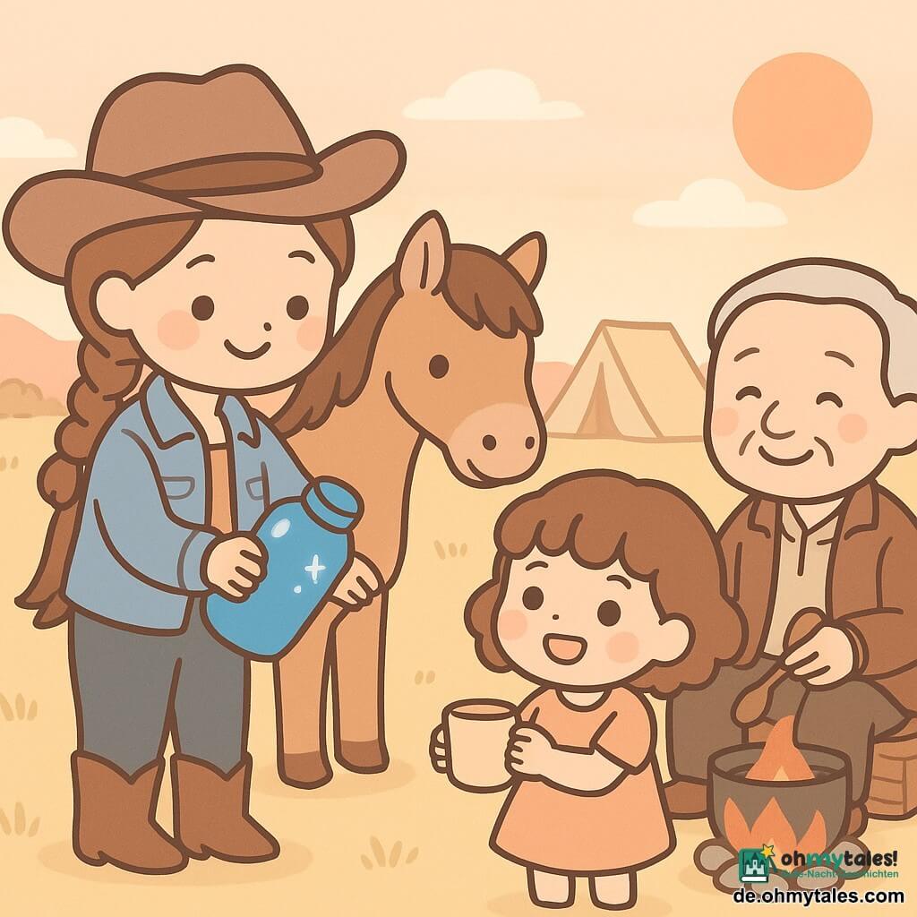 Emma, eine junge Cowgirl-Frau, lächelnd und erleichtert, Zopf, brauner Filzhut, Jeansjacke und Stiefel, hält eine glänzende Wasserkann e und reicht sie anderen; Blitz, ein kleiner, stämmiger, zuverlässiger Hengst mit hellbraunem Fell und sanftem Blick, steht neben ihr mit Schnauze nahe bei ihr; ein etwa 7-jähriges, ruhiges Mädchen mit kurzen lockigen Haaren und einfachem Kleid, vor Freude weit geöffnete Augen, hält in der linken Hand einen Becher; ein etwa 60-jähriger Mann mit runzligem Gesicht und warmem Lächeln in Lederjacke sitzt am Lagerfeuer und hält einen Löffel, im Hintergrund ein Kessel; Ort: Wiese mit goldenem Gras, staubiger Weg, beige Zelte und Holzkisten, Sonnenuntergangs-Himmel in Rosa-Orange; Szene: Emma gießt glitzerndes Wasser in den Becher des Mädchens am Lagerfeuer, sanfte, warme Atmosphäre, runde Formen, Pastellfarben und einfache Konturen.