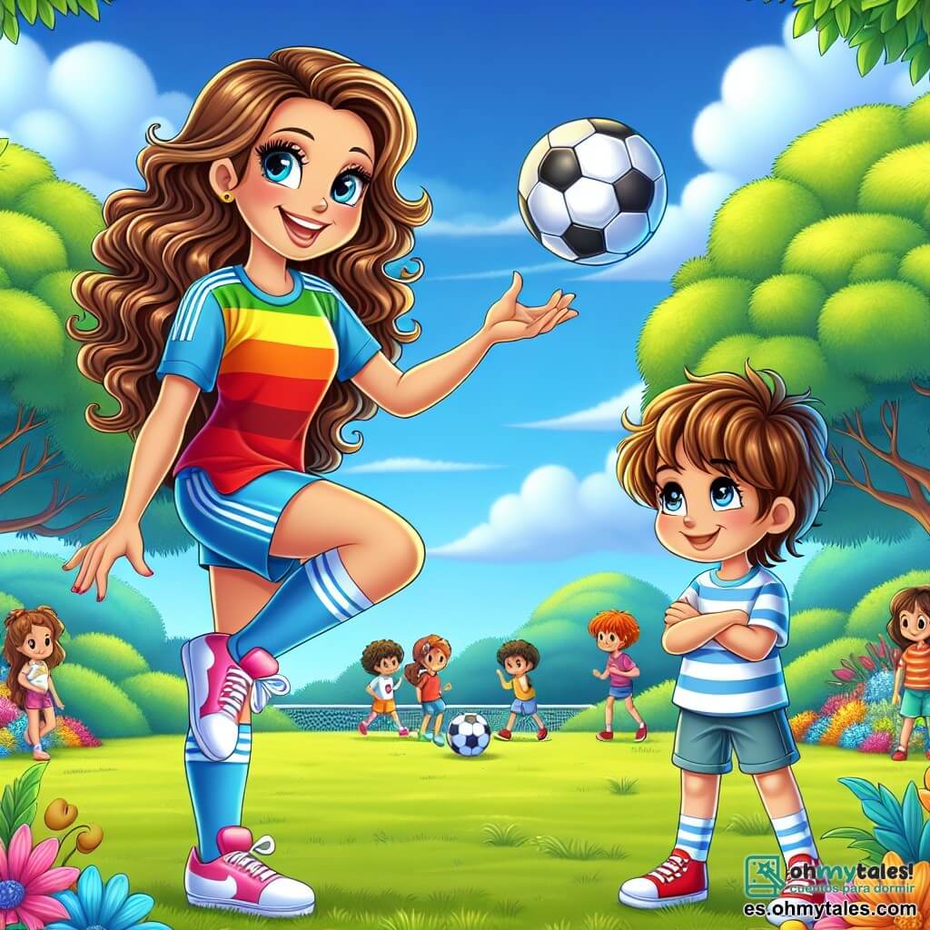 Valeria, una mujer de 28 años, está en el centro de la imagen, con cabello largo y rizado, vistiendo una camiseta de fútbol colorida y una gran sonrisa en su rostro. Está haciendo malabares con un balón de fútbol, mostrando su alegría y pasión por el juego. A su lado, Lucas, un niño de 10 años, con cabello castaño y ojos brillantes, mira a Valeria con admiración, sosteniendo un balón bajo su brazo. Lleva una camiseta a rayas y pantalones cortos, y parece listo para intentar un nuevo truco. Al fondo, un parque verde está lleno de árboles con hojas brillantes y flores coloridas. Niños juegan en la hierba, y el cielo es de un azul brillante, salpicado de algunas nubes blancas y esponjosas. La escena muestra a Valeria enseñando técnicas de fútbol a los niños, con risas y gritos de alegría que llenan el aire. Los niños se divierten juntos, creando una atmósfera de camaradería y felicidad.