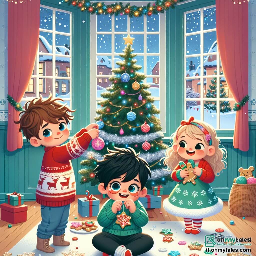 Un bambino di 4 anni, Leo, con capelli castani disordinati e occhi scintillanti di gioia, sta decorando un grande albero di Natale. Indossa un maglione rosso con un motivo di renna e pantaloni di jeans, sorridendo mentre tiene una pallina di Natale brillante nelle sue piccole mani. Accanto a lui, Sara, una bambina di 5 anni con capelli ricci e biondi, sta appendendo delle ghirlande scintillanti sui rami dell'albero. Indossa un vestito verde con motivi di fiocchi di neve e ride felicemente. Marco, un bambino di 6 anni con occhiali e capelli neri, è seduto per terra, circondato da biscotti di Natale che ha preparato, mentre li decora con glassa colorata. La scena si svolge all'interno di un orfanotrofio accogliente, con pareti dipinte di blu pastello e finestre ornate di tende rosse. Fiocchi di neve cadono dolcemente all'esterno, creando un'atmosfera magica. Leo, Sara e Marco lavorano insieme per preparare una festa di Natale gioiosa, piena di risate e creatività, mentre decorano l'albero e preparano sorprese per i loro amici.