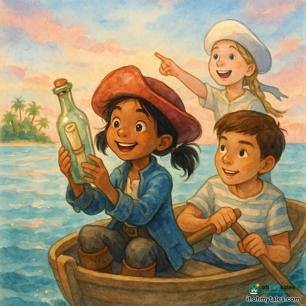 Una giovane donna pirata sorridente, capelli neri raccolti in code ribelli e cappello rosso inclinato, con giacca blu consumata e stivali di cuoio, tiene delicatamente una bottiglia di vetro verde con un messaggio arrotolato; accanto a lei su una piccola barca remano un ragazzo di circa 12 anni dalla pelle abbronzata e capelli castani corti con una camicia a righe, e una bambina di circa 10 anni dalla pelle chiara e treccia bionda con un cappello da marinaio troppo grande che indica l'orizzonte; il mare tranquillo al crepuscolo è turchese con riflessi rosa e dorati, un'isola di palme e sabbia bianca in lontananza e un cielo sfumato rosa-azzurro: atmosfera dolce, luminosa e avventurosa.