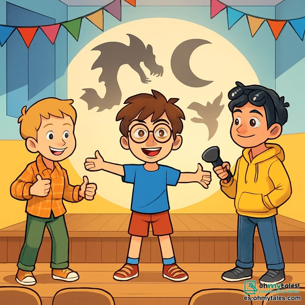 Hay 3 personajes: - Hugo: un niño de 10 años, con cabello castaño desordenado y gafas redondas. Lleva una camiseta azul y un pantalón corto rojo, y se encuentra en el centro, con los brazos abiertos y una gran sonrisa, mostrando su confianza. - Simón: un niño de 10 años, con cabello rubio y pecas. Lleva una camisa de cuadros y un pantalón verde. Está a la izquierda de Hugo, haciendo una pose cómica, con una gran sonrisa y el pulgar hacia arriba. - Mateo: un niño de 10 años, con cabello negro y gafas de sol en la cabeza. Lleva una sudadera amarilla y jeans. Está a la derecha de Hugo, sosteniendo una linterna y mirando con orgullo al público imaginario. El lugar donde se desarrolla la situación principal es un salón polivalente luminoso, con paredes pintadas de colores vivos como azul y amarillo. Cadenas de papel de colores cuelgan del techo, y hay filas de sillas dispuestas frente a un escenario de madera, donde sombras de figuras recortadas en cartón bailan en la pared. La situación principal de la historia muestra a los tres amigos en el escenario, presentando su espectáculo de teatro de sombras. Hugo, en el centro, está en plena acción, con sombras de dragones y lunas proyectadas detrás de él, mientras Simón y Mateo lo animan con entusiasmo, creando una atmósfera alegre y llena de camaradería.