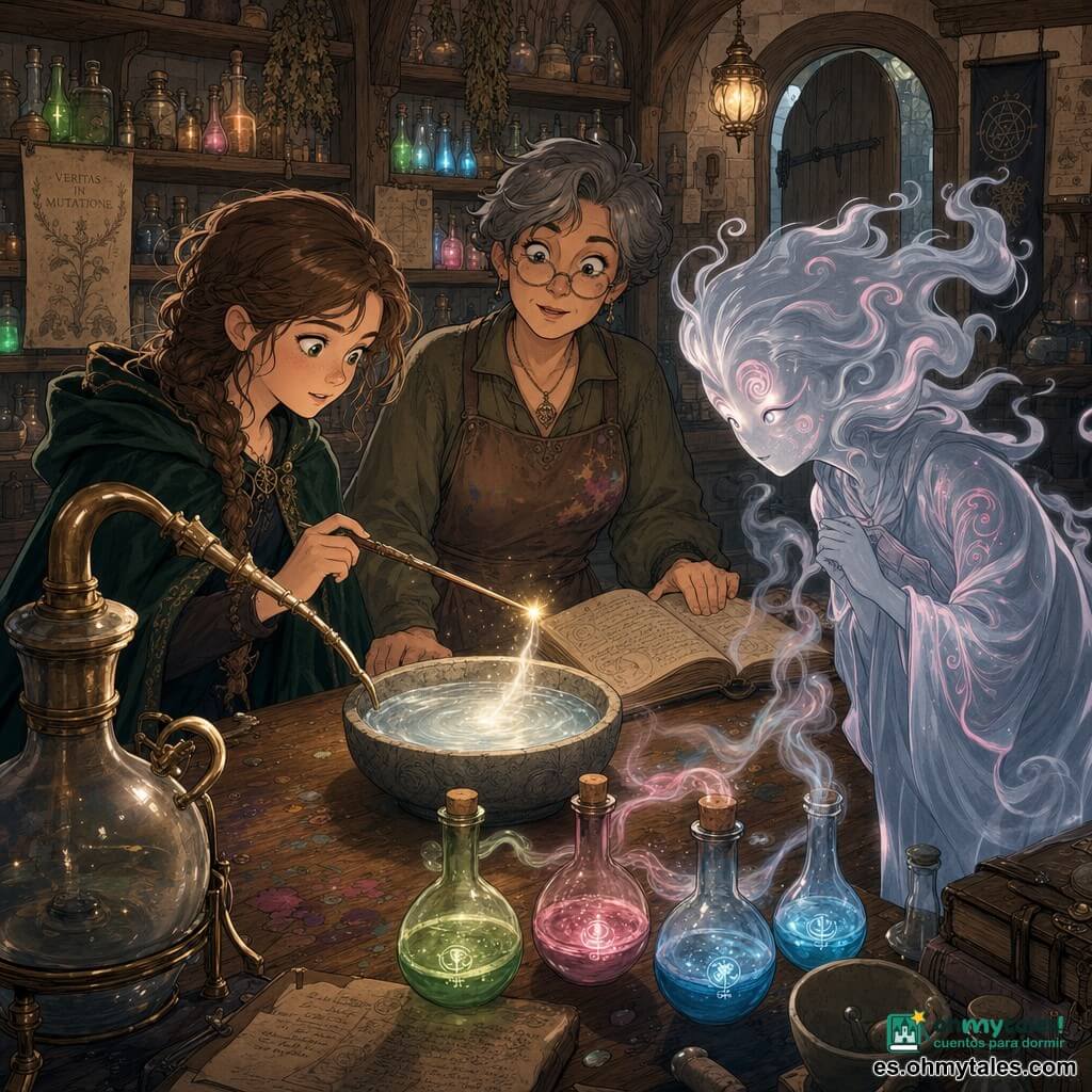 La hechicera principal, Naira, es una adolescente de cabello castaño claro en trenza desordenada, con capa de terciopelo verde oscuro y mirada determinada y empática; sostiene una pequeña varita de avellano apuntando hacia un cuenco de piedra; la maestra Arelia, mujer de unos 40 años de cabello gris corto y gafas redondas, con vestido color tierra manchado de tinta, está erguida detrás de la mesa, calmada y protectora con una mano sobre un libro antiguo abierto; la hiladora de brumas es una criatura de vapor plateado con reflejos rosados, figura alargada y rostro en remolinos, que se inclina con curiosidad temerosa hacia el cuenco; el taller es antiguo, con estanterías de madera llenas de frascos luminosos, una mesa de roble manchada, un alambique de vidrio y suelo de mosaico; la escena muestra un ritual sereno: Naira concentra un resplandor dorado en la punta de su varita sobre un pequeño cuenco de agua que canta, la bruma se calma entrelazándose con tres frascos luminosos en la mesa, luz cálida de lámpara y expresiones de sorpresa y ternura.