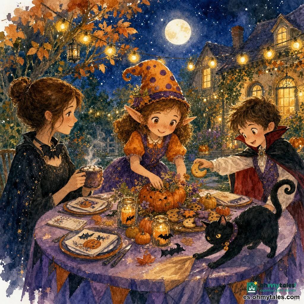 Personaje principal: una pequeña duende llamada Luna, rostro redondo con pecas, orejas puntiagudas, ojos ámbar brillantes y sonrisa cálida, con sombrero de lunares y vestido naranja y violeta, colocando con gestos suaves una mesa decorada; personaje secundario 1: Martina, mujer adulta tímida, cabello castaño recogido, mirada serena y manos sujetando una taza de chocolate humeante, sentada a la izquierda con una pajarita negra en forma de murciélago; personaje secundario 2: un chico con capa de vampiro, pelo alborotado y expresión curiosa y alegre, extendiendo la mano para tomar una galleta en forma de luna, de pie a la derecha; accesorio vivo: un gato negro con collar y cascabel, pelaje lustroso, encaramado en la esquina de la mesa y desordenando ligeramente el mantel, cola enroscada y mirada traviesa; lugar: jardín nocturno iluminado por guirnaldas de bombillas cálidas y velas aromáticas de manzana, árboles con hojas naranja y marrón, casa al fondo con ventanas iluminadas y cielo estrellado con luna redonda; situación: mesa de Halloween acogedora y colorida con platos y servilletas ilustradas, notas manuscritas, pequeñas decoraciones de calabazas y murciélagos, ambiente cordial, sonrisas compartidas y luz suave con sombras danzantes proyectadas por las velas.