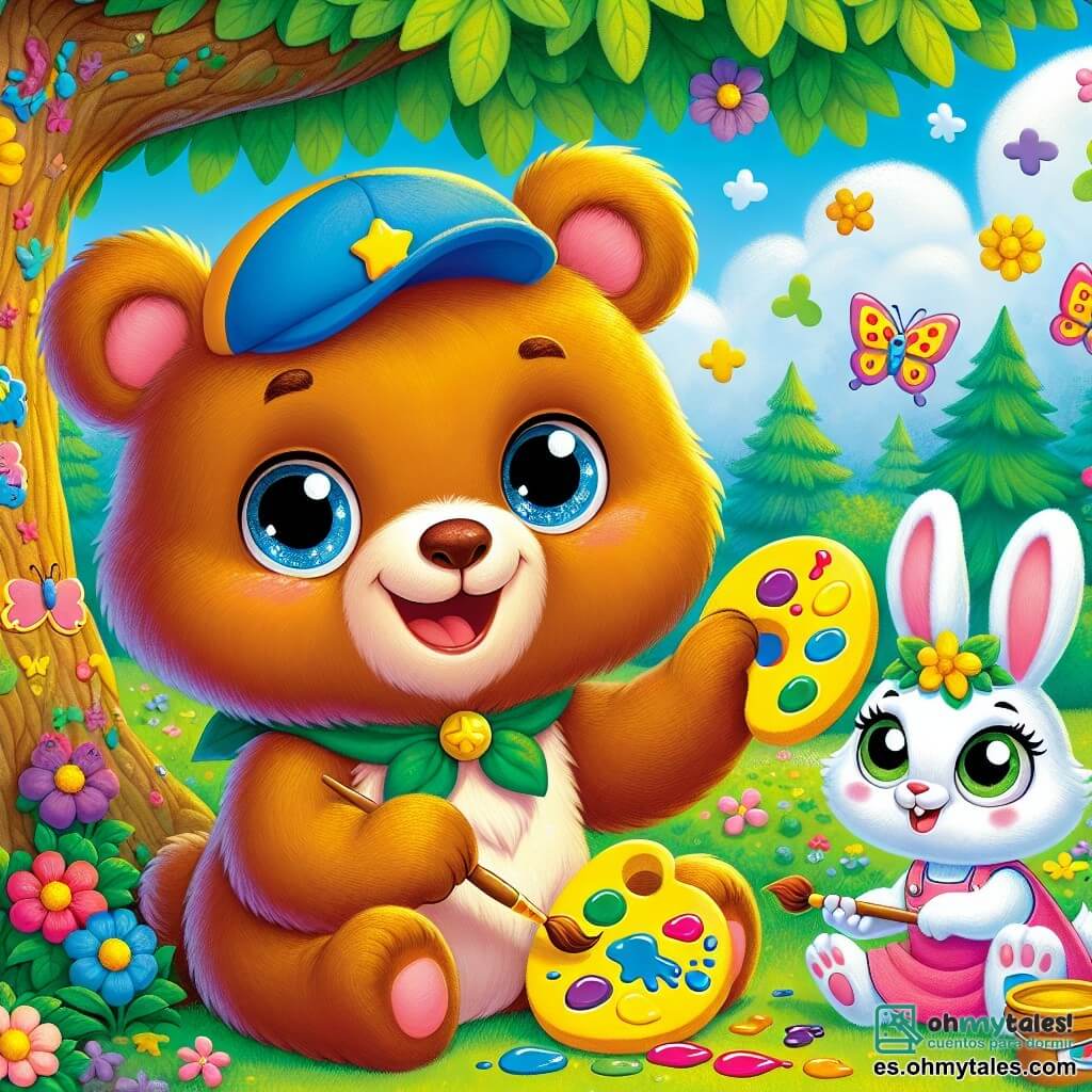 Un pequeño oso marrón, llamado Bear, con grandes ojos brillantes y una sonrisa alegre, está pintando una piedra de color amarillo brillante bajo un gran árbol con hojas verdes. Bear lleva una pequeña gorra azul con una estrella amarilla, y su pelaje es suave y sedoso. Junto a él, una pequeña coneja blanca llamada Lila, con largas orejas, mira a Bear con admiración, sus ojos brillando de emoción. Ella lleva un vestido rosa y sostiene un pincel en sus patas, lista para pintar su propia piedra. Al fondo, el claro del bosque está lleno de flores coloridas, mariposas volando y otros animales del campamento, como un castor y una pequeña zorra, que juegan. El cielo es de un azul brillante, salpicado de nubes blancas. La escena muestra a Bear y Lila, rodeados de sus amigos, compartiendo un momento alegre y creativo, lleno de risas y colores, ilustrando el espíritu de las vacaciones de verano y la amistad.