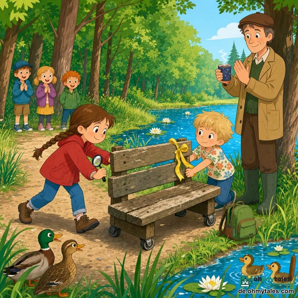 Leni, 6 Jahre, lächelnd aber konzentriert, braune geflochtene Haare, rote Jacke und kleine Lupe, schiebt eine alte hölzerne Bank auf Rollen; Jonas, 5 Jahre, schüchtern und zerknirscht, blonder zerzauster Haar, Blumen-T-Shirt, hilft beim Schieben, grüner Rucksack daneben; Herr Braun, etwa 50, wohlwollend, braune Schirmmütze und khakifarbener Mantel, steht am Teichrand, klatscht leise und hält eine Kakaotasse; Ort: glänzender Teich mit blauen Reflexen, weiße Seerosen, hohes Gras, Erdweg, Waldrand mit braunen Stämmen und grünen Blättern, alte Holzbank mit gelbem Band am Ufer; Hauptsituation: Rückkehr der Bank zum Teichrand, Leni und Jonas schieben gemeinsam über einen matschigen Weg, das gelbe Band weht, neugierige Enten und lächelnde Kinder im Hintergrund; Stil: einfache Formen, kräftige Farben, klare Konturen, flächige Texturen, weiche Schatten, kindliche Striche, gut lesbare Mimik und deutliche Gesten.