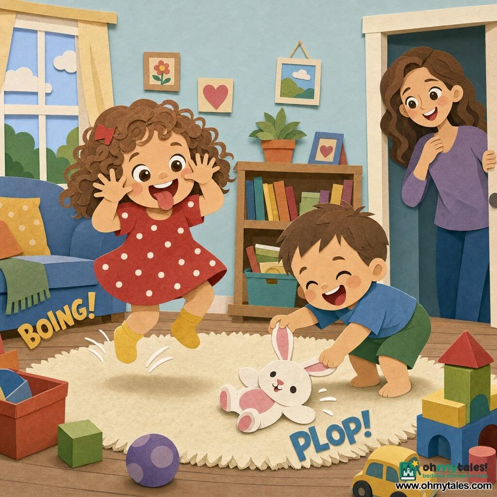 A joyful 2-year-old girl with curly light-brown hair in a short red polka-dot dress and yellow socks jumps "boing" on a plush cream rug while a mischievous ~1-year-old boy with short brown hair crouches beside her holding the ear of a white-and-pink bunny plush; their smiling mother in her 30s watches tenderly from the doorframe in a bright living room with pale blue walls and scattered toys, as the children playfully tussle over the bunny, it falls "plop" on the rug and they burst into laughter.
