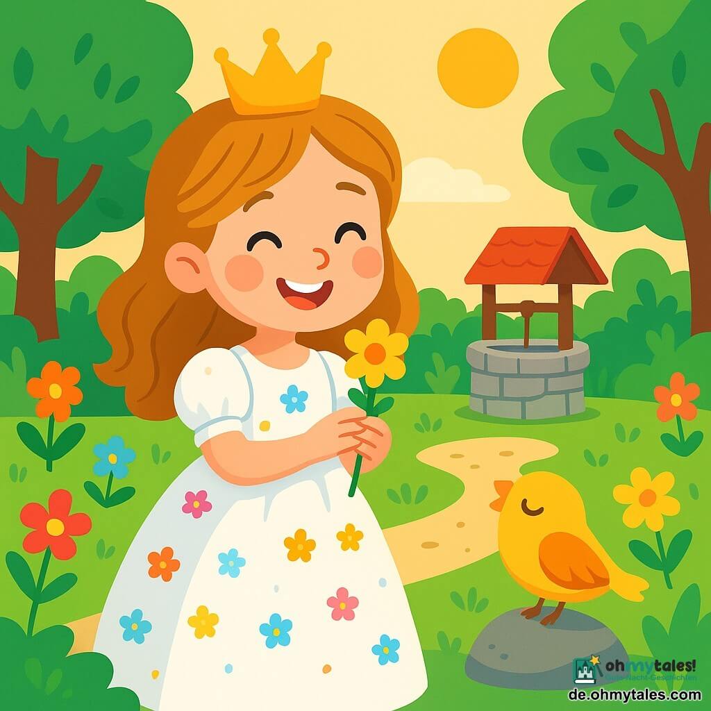 Eine Prinzessin namens Lina, etwa 8 Jahre alt, steht fröhlich in einem strahlenden Garten. Sie trägt ein leichtes, schneeweißes Kleid, das mit kleinen bunten Blumen verziert ist. Ihr Gesicht strahlt vor Glück, mit funkelnden Augen und einem breiten Lächeln. Sie hält vorsichtig eine kleine glänzende Blume in ihren Händen. Neben ihr sitzt ein kleiner Vogel mit goldenen Federn, der neugierig auf einem Stein sitzt. Er wirkt müde, aber glücklich, bereit, eine süße Melodie zu singen. Der Garten ist ein bezaubernder Ort, voller bunter Blumen, großer Bäume mit grünen Blättern und einem sanften Kiesweg. Im Hintergrund funkelt ein schöner Steinbrunnen in der untergehenden Sonne und verleiht der Szene einen magischen Touch. Lina beugt sich zu der Blume, die sie gefunden hat, begeistert von ihrer Schönheit, während der Vogel sie interessiert beobachtet. Es ist ein Moment der Zärtlichkeit und Entdeckung, in dem Freude und Freundschaft in dieser märchenhaften Kulisse verschmelzen.