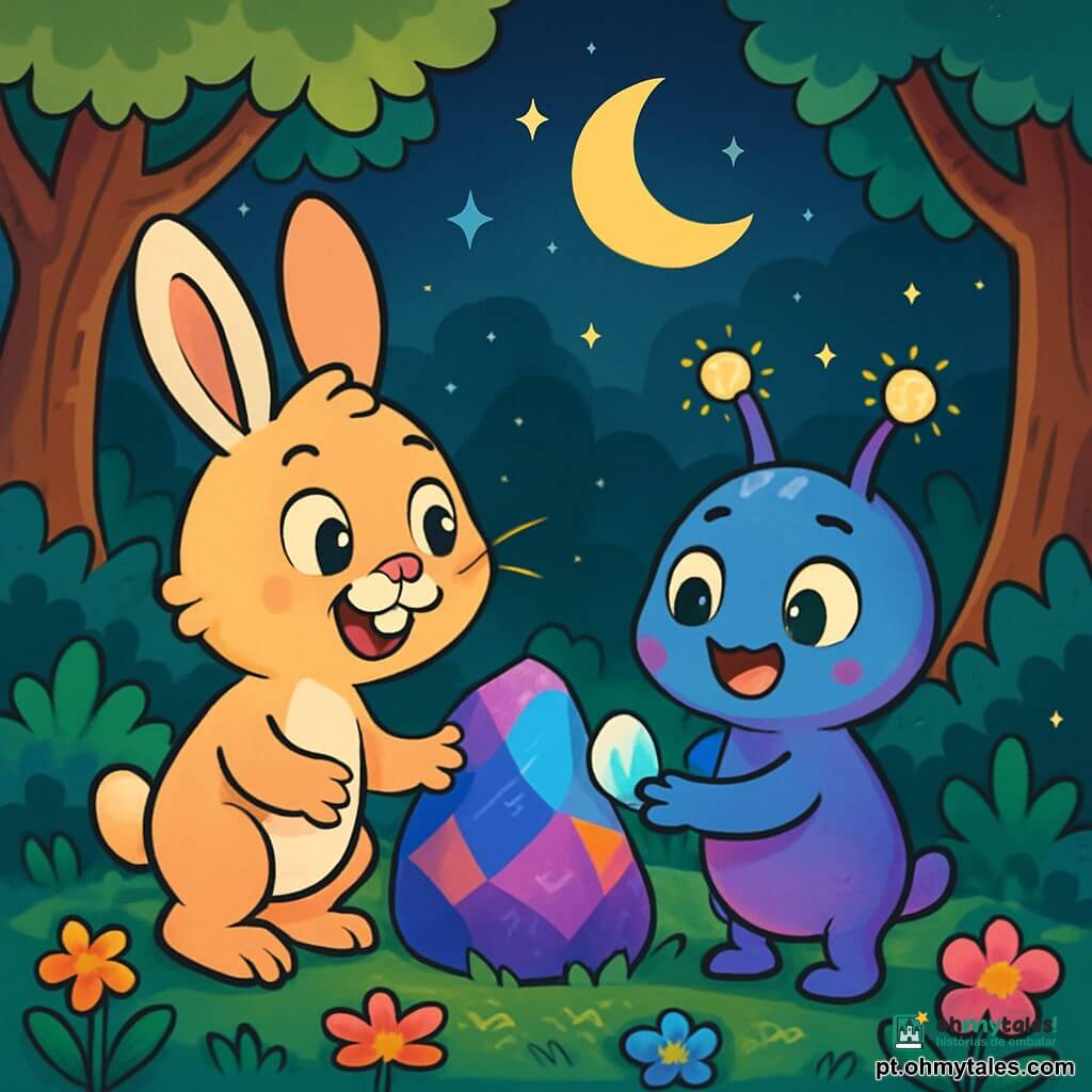 Um pequeno coelho chamado Lino, com grandes orelhas brancas e pelagem macia, está em pé sobre as patas traseiras, com os olhos arregalados de curiosidade e um sorriso maravilhado no rosto. Ele observa uma criatura extraterrestre chamada Ziru, que é pequena, com pele brilhante em azul e roxo, antenas cintilantes e olhos redondos e brilhantes, sorrindo alegremente enquanto segura uma pedra luminosa em suas pequenas patas. A cena acontece em uma clareira encantada da floresta, cercada por árvores de troncos retorcidos e folhas brilhantes sob a luz da lua, com flores coloridas que brilham na escuridão. No centro, uma grande pedra meteórica, cintilante de cores vivas, emite um suave brilho, criando uma atmosfera mágica. Lino e Ziru trocam pedras luminosas, símbolos de sua amizade crescente, enquanto estrelas brilhantes iluminam o céu noturno, adicionando um toque de mistério e sonho a este encontro extraordinário.