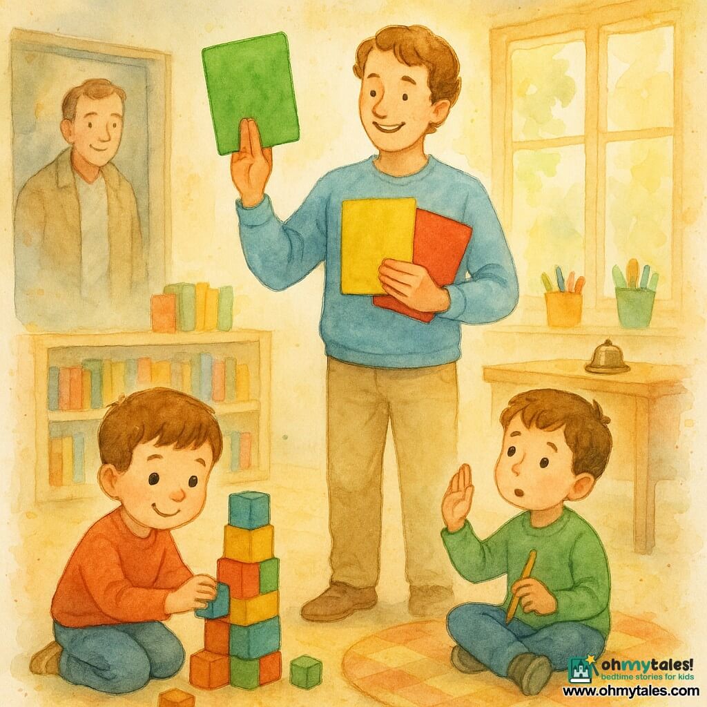 A thirtyish male teacher with a gentle smile and light chestnut slightly curly hair, wearing a light blue sweater and beige pants, holds three large colored cards (green, yellow, red) in front of the class, benevolent calm expression, hand raised showing the green card. A boy named Milo, about 5 with short brown hair, plays with colorful blocks in the foreground left, wide-eyed with a shy smile building a tower near a low shelf. Another boy, about 5, sits on a round rug to Milo’s right, looking at the teacher with a pencil, concentrated curious expression and a half-raised hand. An adult father stands in the doorway at the back, reassuring silhouette in a light coat, half out of frame with a proud gentle look. The bright classroom has large windows with golden light, low shelves of colorful books, bright cups of pencils, soft checkered rugs and a small metal bell on a wooden desk. Scene: the teacher shows color cards to explain rules (green = try, yellow = slow down, red = pause); the children are calm and attentive in a warm, safe atmosphere with saturated pastels, visible watercolor textures and soft splatter around the edges.