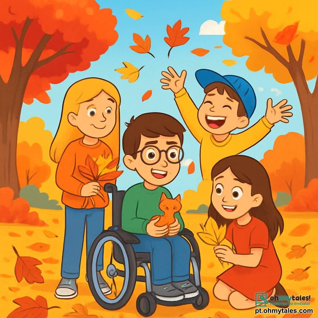 Há 4 crianças: - Lucas: um menino de 10 anos, com cabelos castanhos e óculos. Ele está sentado em uma cadeira de rodas, sorrindo, segurando uma pequena raposa de madeira nas mãos. - Maria: uma menina de 9 anos, com cabelos longos e loiros, vestindo um suéter laranja. Ela está de pé ao lado de Lucas, segurando um buquê de folhas coloridas. - Tiago: um menino de 10 anos, com cabelos castanhos e um boné azul. Ele está jogando folhas para o alto, rindo alegremente. - Sofia: uma menina de 9 anos, com cabelos castanhos e um vestido vermelho. Ela está agachada perto de Lucas, mostrando uma bela folha dourada que acabou de encontrar. O local é um parque no outono, com árvores majestosas com folhas vibrantes de vermelho, laranja e amarelo. O chão está coberto de um tapete de folhas crocantes e douradas, e um céu azul claro se estende acima deles, salpicado de nuvens brancas e fofas. A cena principal mostra as crianças se divertindo juntas, cercadas por folhas que voam ao redor, celebrando a beleza do outono com risadas e sorrisos, criando memórias inesquecíveis.