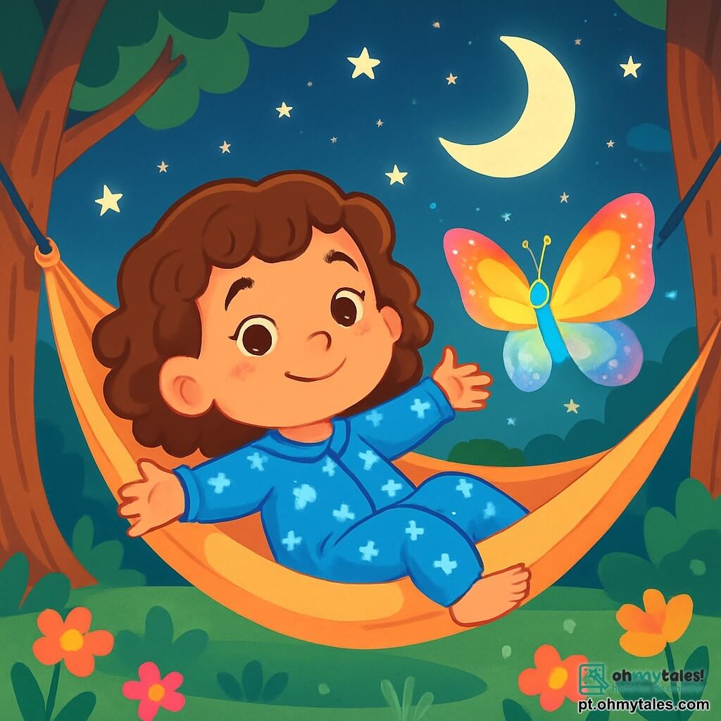 Uma menina de 6 anos, Clara, com cabelos castanhos cacheados e olhos brilhantes, está deitada em um rede de tecido macio, com um sorriso sereno no rosto. Ela usa um pijama azul com estrelas brancas, e seus braços estão abertos, como se estivesse acolhendo o mundo. Ao seu lado, uma borboleta luminosa, com asas cintilantes de cores arco-íris, voa suavemente ao seu redor, iluminando a noite com sua suave luz. O local é um jardim tranquilo, banhado pela luz da lua, com flores coloridas e árvores majestosas que dançam suavemente ao vento. O céu está salpicado de estrelas brilhantes, criando uma atmosfera mágica e tranquilizadora. A cena principal mostra Clara balançando na rede, cercada pela luz da borboleta, pronta para adormecer, enquanto o vento murmura uma doce melodia, convidando à sonhar e à serenidade.
