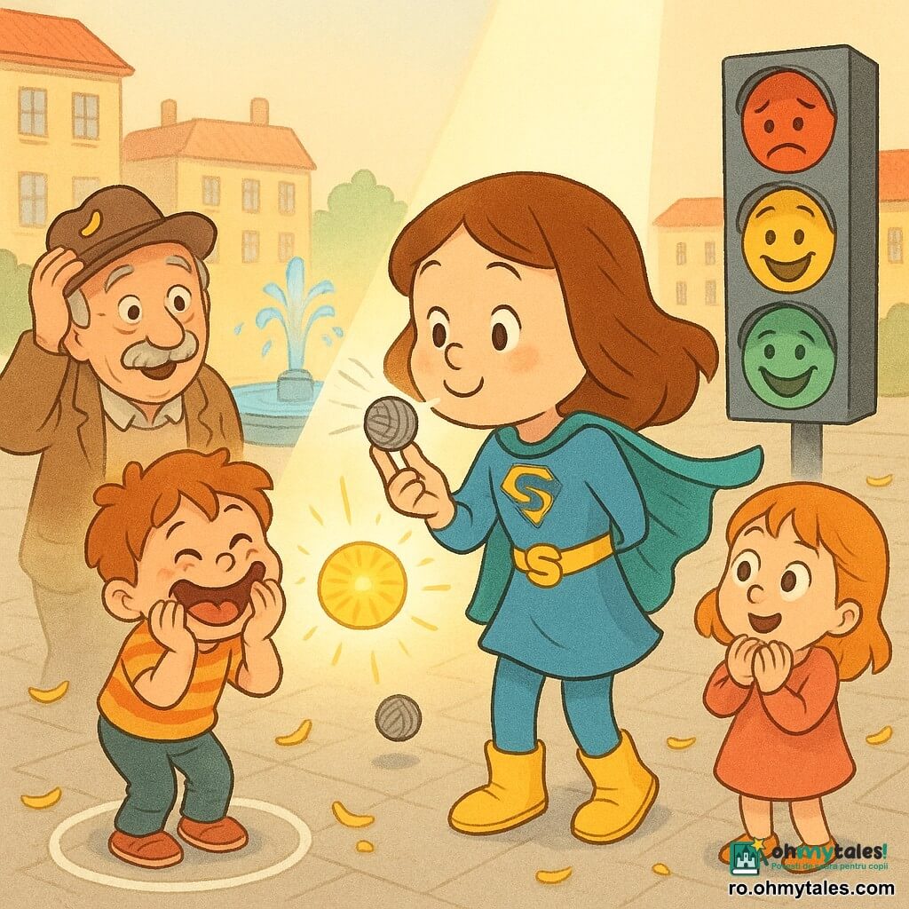 Super-Lia, o eroină femeie veselă cu față rotundă și zâmbitoare, ochi strălucitori, pelerină turcoaz zburătoare și adidași galbeni, suflă blând asupra unui ghem mic gri pe care îl ține între două degete; la stânga, un nene cu pălărie, bărbat în vârstă de circa 70 de ani, mustață gri și pălărie maro cu o confetti-banană lipită, pare surprins și amuzat cu o mână la cap; în față un băiețel de circa 6 ani râde făcând o grimă, mâinile pe obraji, picioarele în cercul de cretă alb; la dreapta o fetiță de circa 5 ani cu ochii mari și mâinile împreunate privește ghemul cum se transformă; în fundal un semafor antropomorf, un stâlp metalic mare cu trei fețe colorate (roșu trist, galben confuz, verde zâmbitor), care eliberează un ghem gri ce se rostogolește spre Super-Lia; piața e o piață urbană pavată cu o fântână rotundă albastră în centru și clădiri colorate, confetti în formă de banană galbenă împrăștiate; situația principală: Super-Lia transformă ghemul gri al fricii într-un ghem galben al râsului sub un fascicul de lumină blând, mulțimea — copii și nene — izbucnind în râs, iar semaforul trece de la roșu trist la verde zâmbitor.