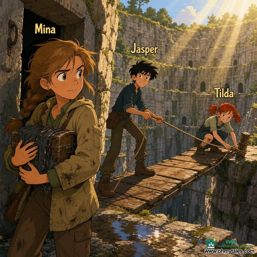 12-year-old Mina: determined face, bright eyes, messy light-brown braid, dusty khaki jacket, holding a small wooden chest wrapped in oiled cloth at the threshold of a stone door carved with a hook; Jasper, about 12: tall, thin, tousled black hair, smiling and focused, holds a rope behind her from the same rocky ledge; Tilda, about 10: small, pale with a scraped knee, red pigtails, crouched tying the final knot on the rope across a worn wooden suspension bridge spanning a deep quarry amphitheater of gray stone and green moss, golden sunrays and reflecting puddles— they have just opened the small carved door, a cautious triumphant scene with dust motes lit, joyful tension and palpable curiosity.